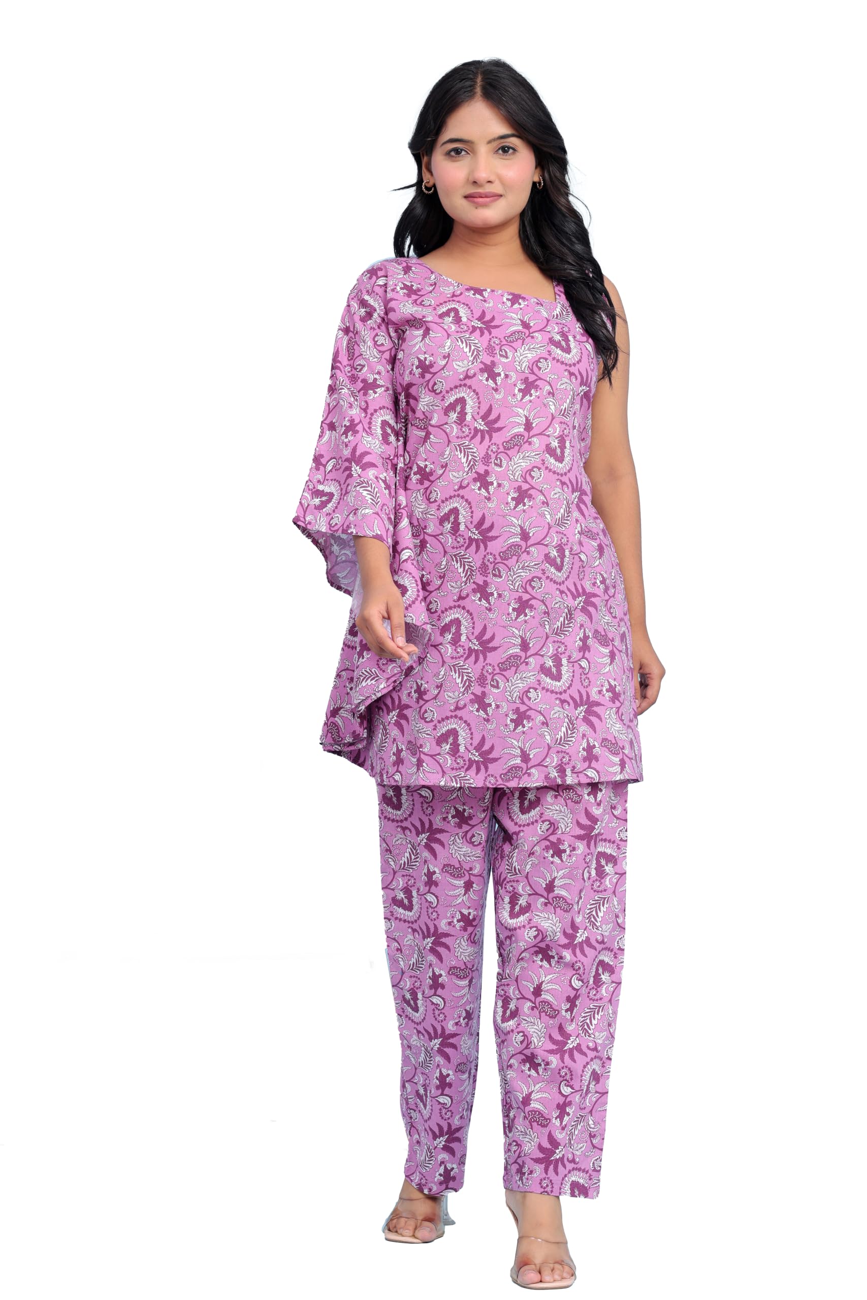 Women's Cotton Printed Kaftan Co-Ord Set | One Shoulder Kaftan Top with Straight Pant | Soft Breathable Lounge Wear | Casual Night Suit | Summer Comfortable Coord Set | Purple Floral Print-image-23