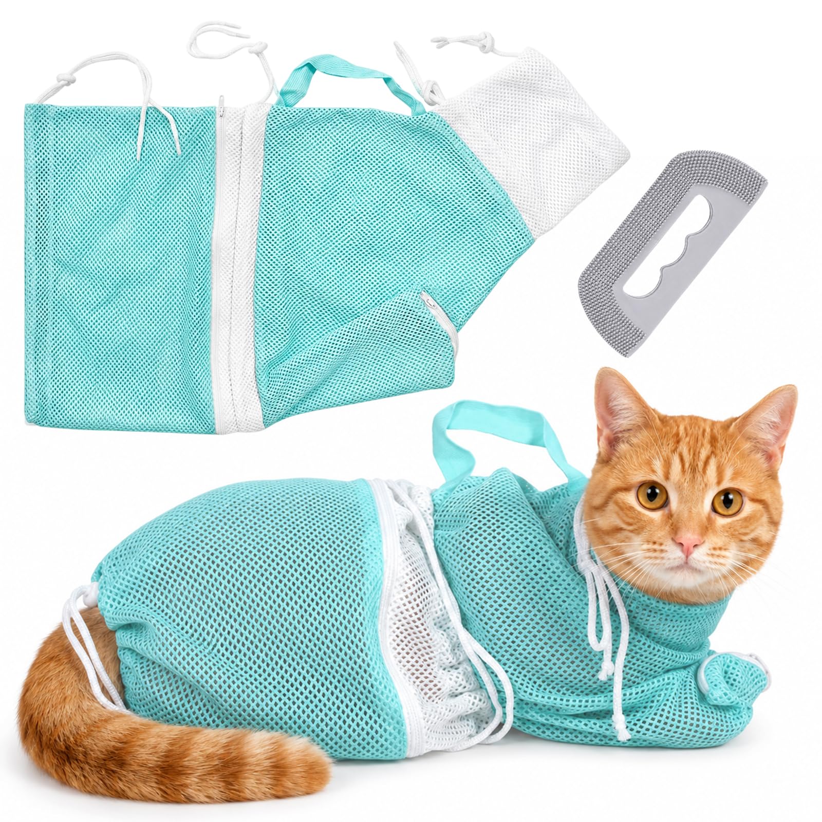 Cat Bathing Bag, 2-Piece Set with Carpet Scraper Tool, Cat Grooming Hammock for Safe Bathing and Nail Clipping, Pet Hair Removal Glove for Furniture and Car Interior Cleaning, Blue Green Colours