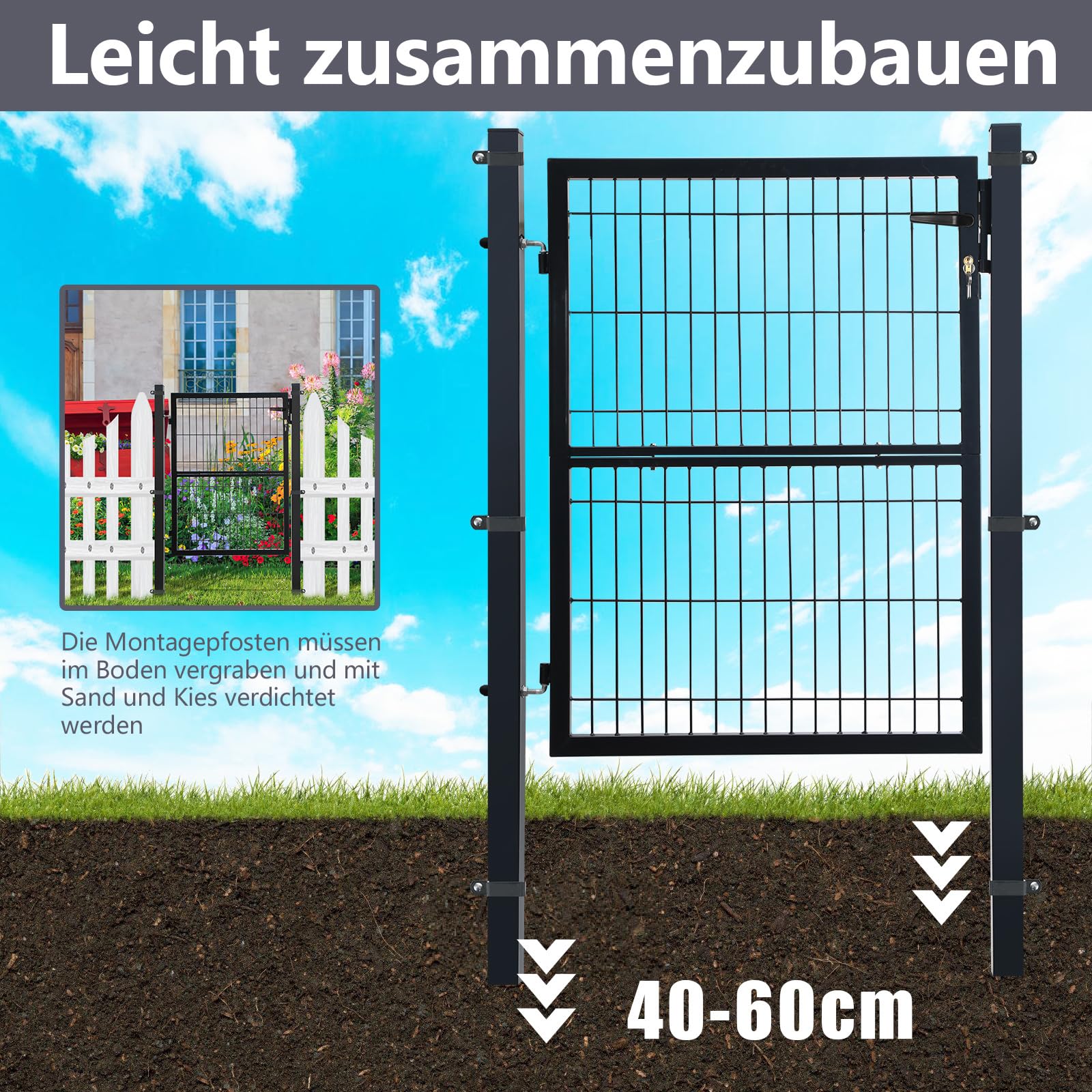 Fiqops Brama ogrodowa, antracytowa, 100 x 100 cm, drzwi ogrodowe ze stali ocynkowanej, drzwi ogrodzeniowe, drzwi na podwórko, w zestawie zamek i klamka i 3 klucze, ogrodzenie jest wytrzymałe i trwałe,