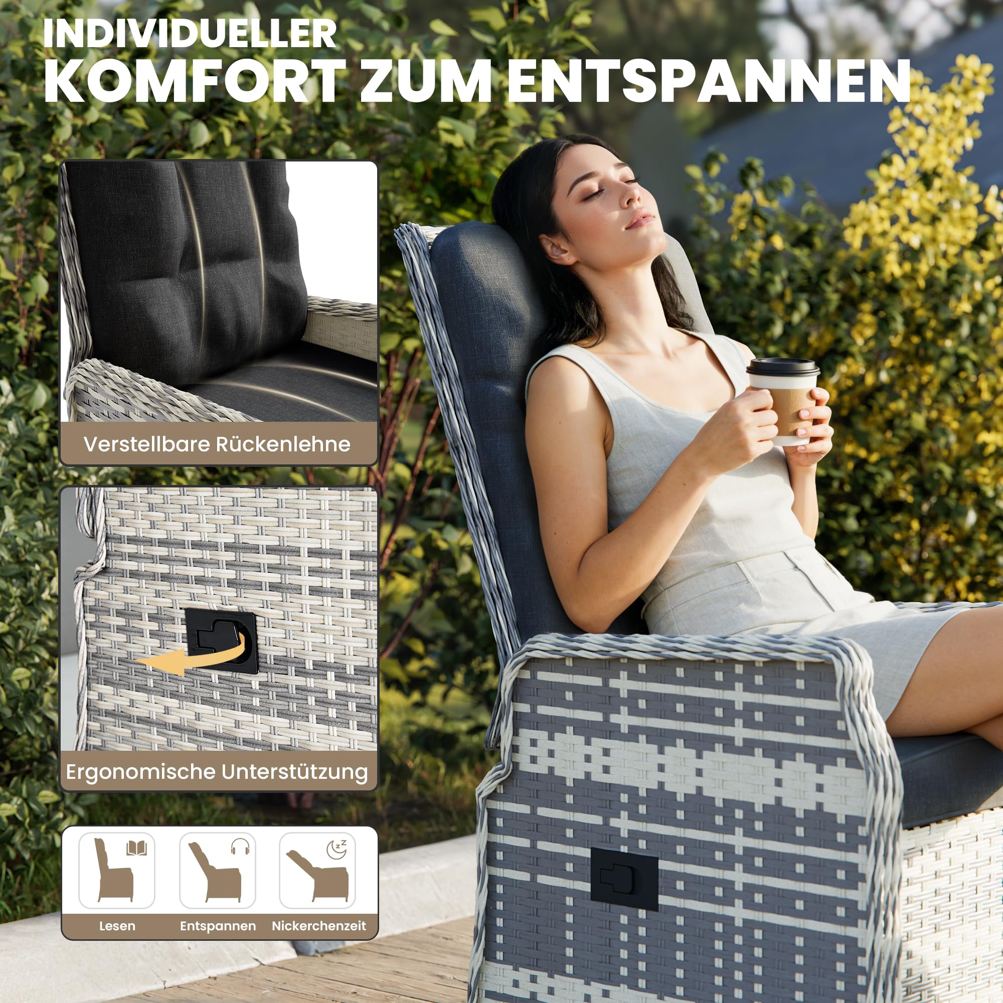 ALAULM 5-teiliges Rattan Gartenmöbel Set mit 2 verstellbaren Relaxsofas, 2 Hockern & 1 Couchtisch, wetterfestes Polstergarnitur für Terrasse, Balkon, Garten (Schwarz)