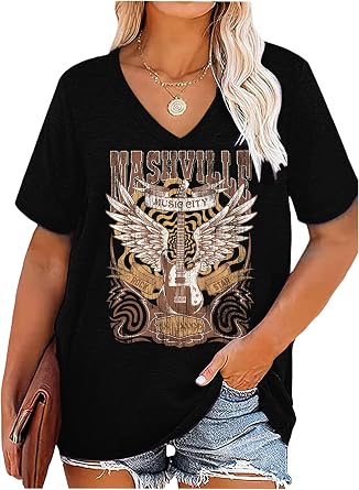Oversized V Neck Shirts for Women Western Outfits Cowgirl Graphic Tshirts Coutnry Concert Nashville Tops Workout Clothes
