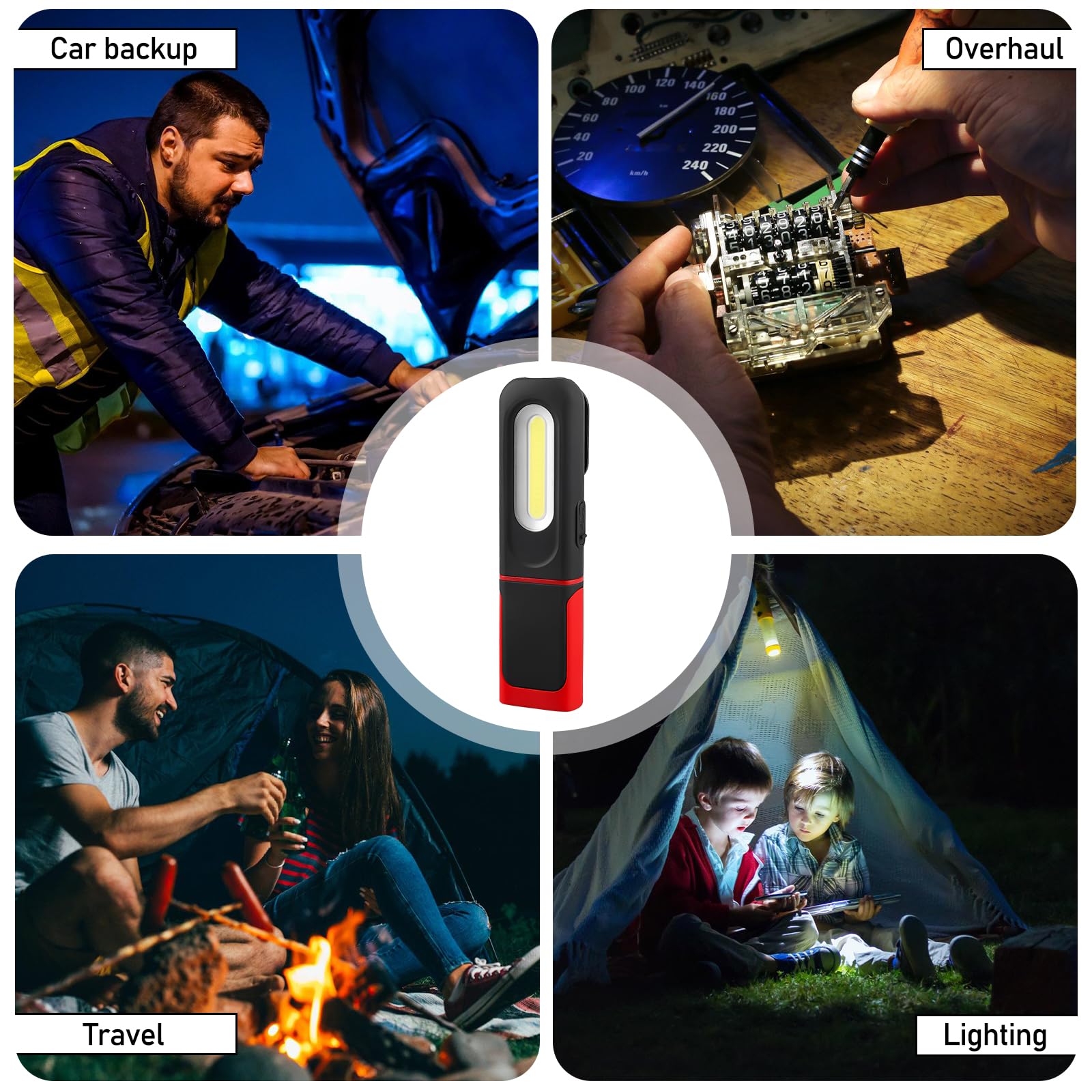 2 lampade da lavoro a LED, batteria da 1200 mAh, COB da officina con gancio e base magnetica, 3 modalità di luce da 5 W, torcia LED ricaricabile, torcia da officina con funzione girevole a 360°, per