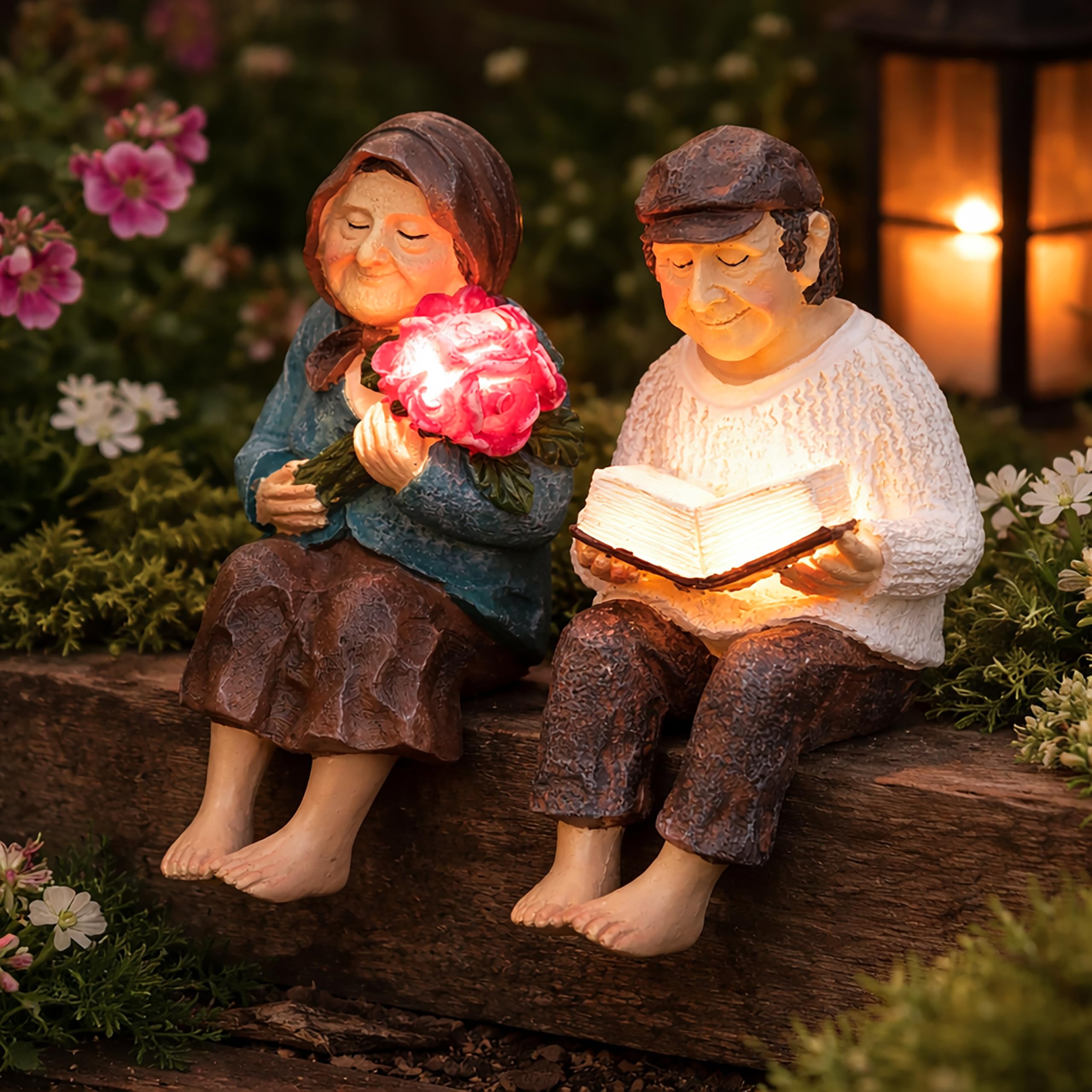 Garden Mile - Garden Ornaments Outdoor Solar Powered Set of 2 – Grandparent Statues for Outdoor Garden Decorations – Grandmother & Grandfather Figurines with Warm Glow Lights – Resin Statue for Patio