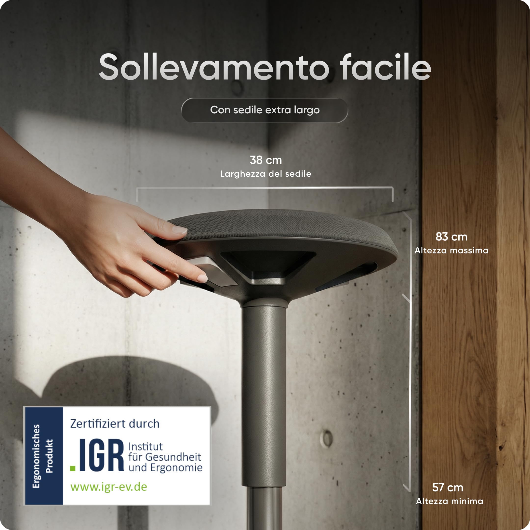 Motion - Sgabello ergonomico da ufficio e da pavimento, regolabile in altezza, con base e seduta extra large, per prevenire dolori alla schiena e al collo (grigio)