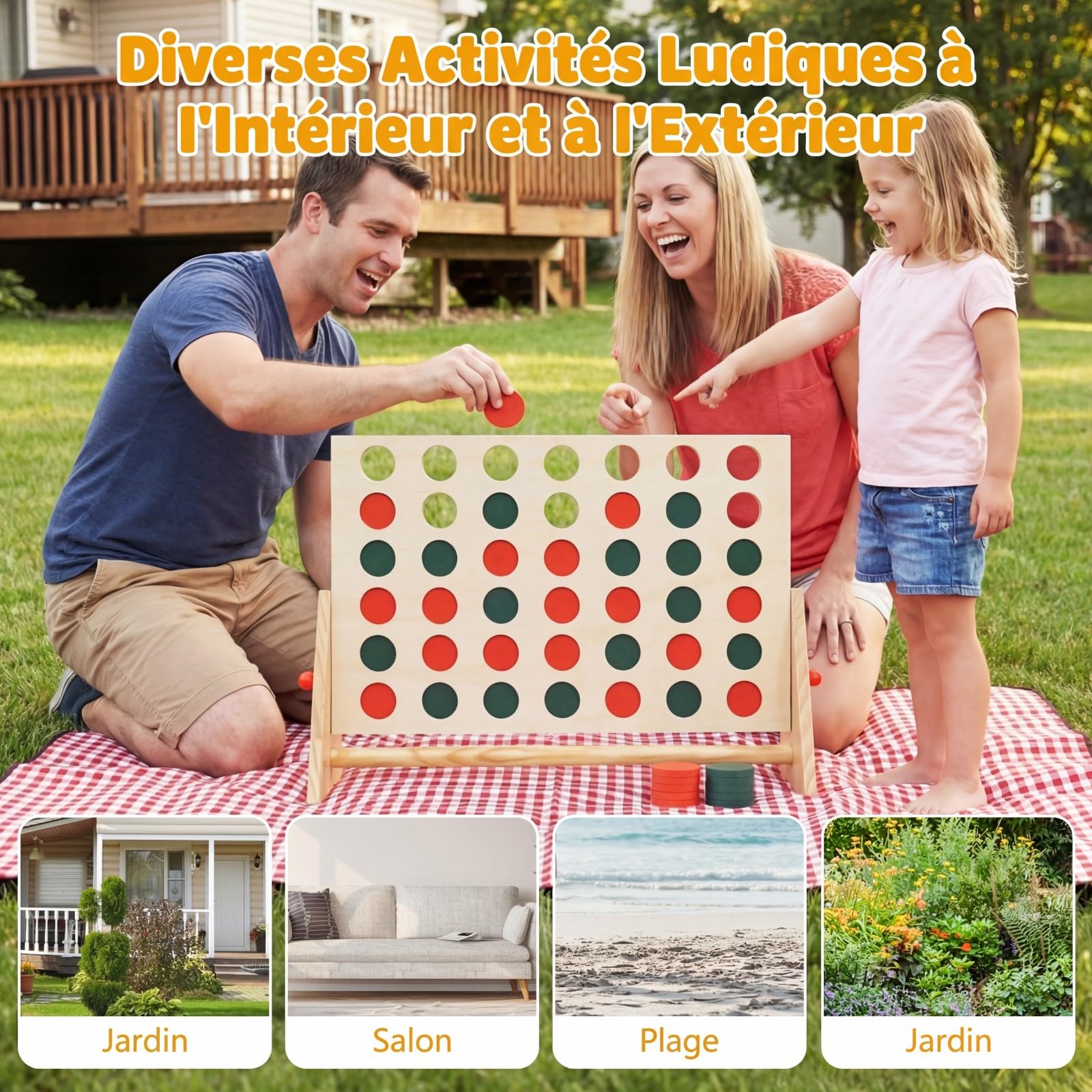 COSTWAY Jeux Puissance 4 Géant Enfant avec 42 Jetons, Jeu de Société en Bois de Pin, Jeu d'Adresse Intérieur Extérieur pour Enfants Adultes pour Jardin Salon Fête
