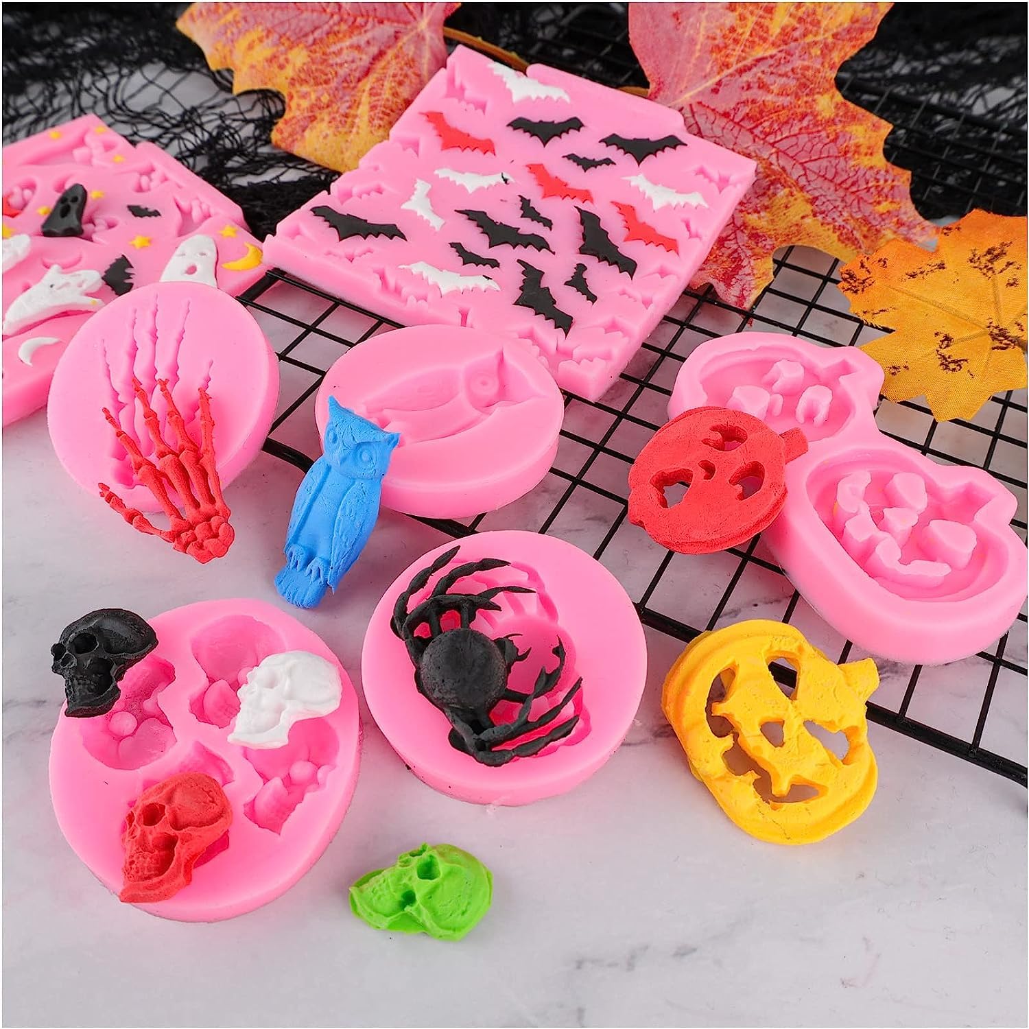 6 moldes de silicona para fondant de pastel de chocolate, bruja, fantasma, cráneo, murciélago, calabaza, bandejas de dulces de hielo para galletas, moldes para hornear, magdalenas, gelatina, azúcar,
