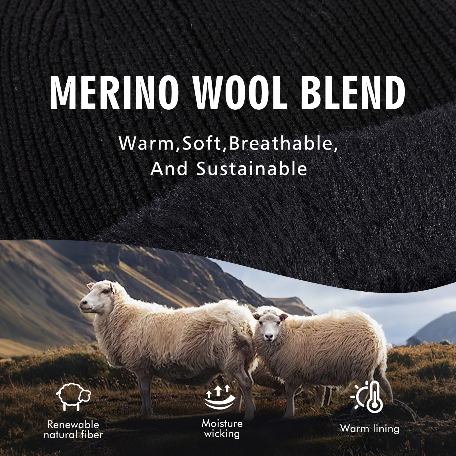 TOP-EX DryKnit - Gorro térmico de lana de merino impermeable con forro polar para hombre