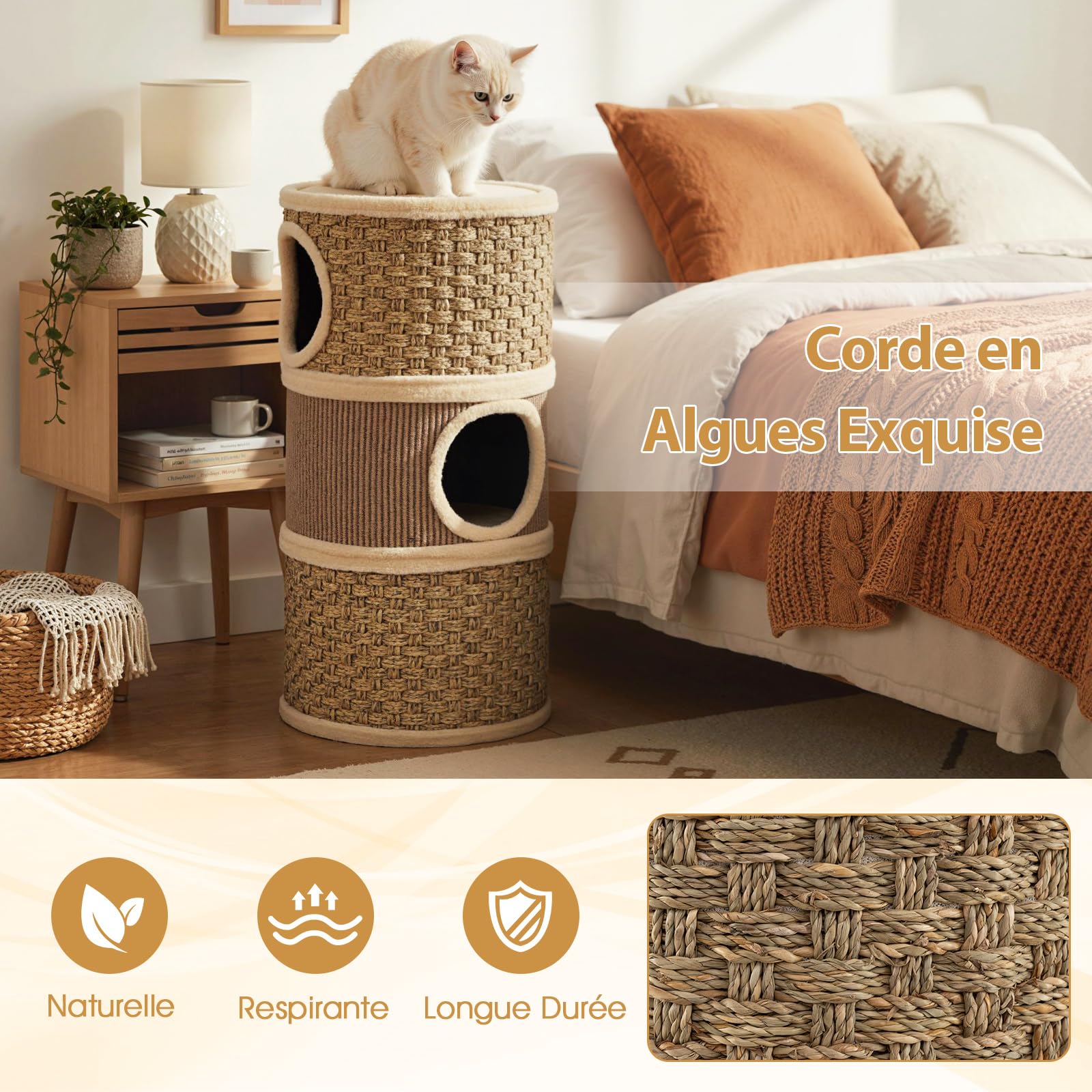 GYMAX Tonneau Griffoir avec 3 Grandes Entrées, Revêtu de Sisal et Cordes Tissées Résistants à Gratter, Perchoir Supérieur Doux à Se Reposer, Trous Internes, 36 x 36 x 70 cm