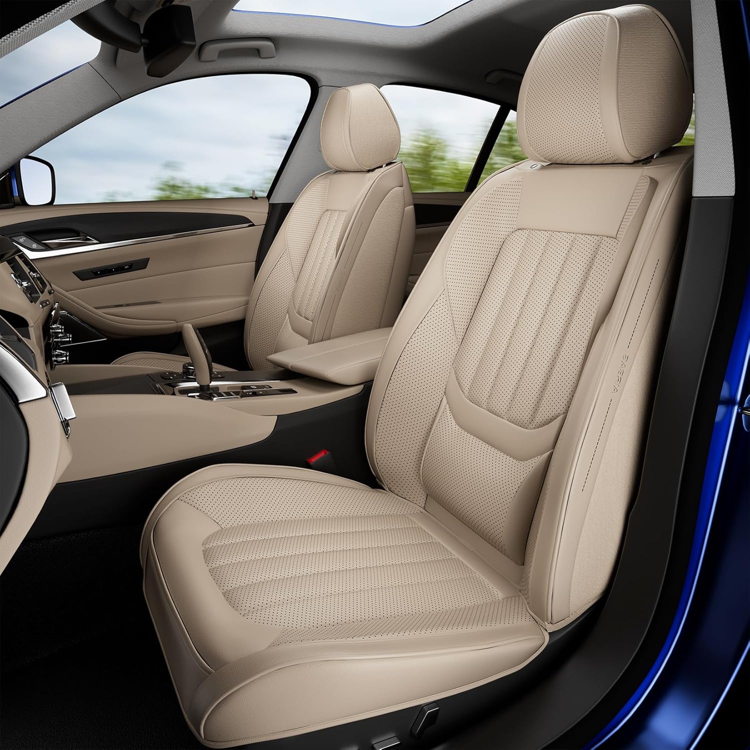 Car Seat Covers Full Set Faux Leather Waterproof Non-Slip Seat Protector Universal Fit for Most Cars SUVs Trucks Pick-ups Beige Car seat Cover Accessories for Front Seats and Back