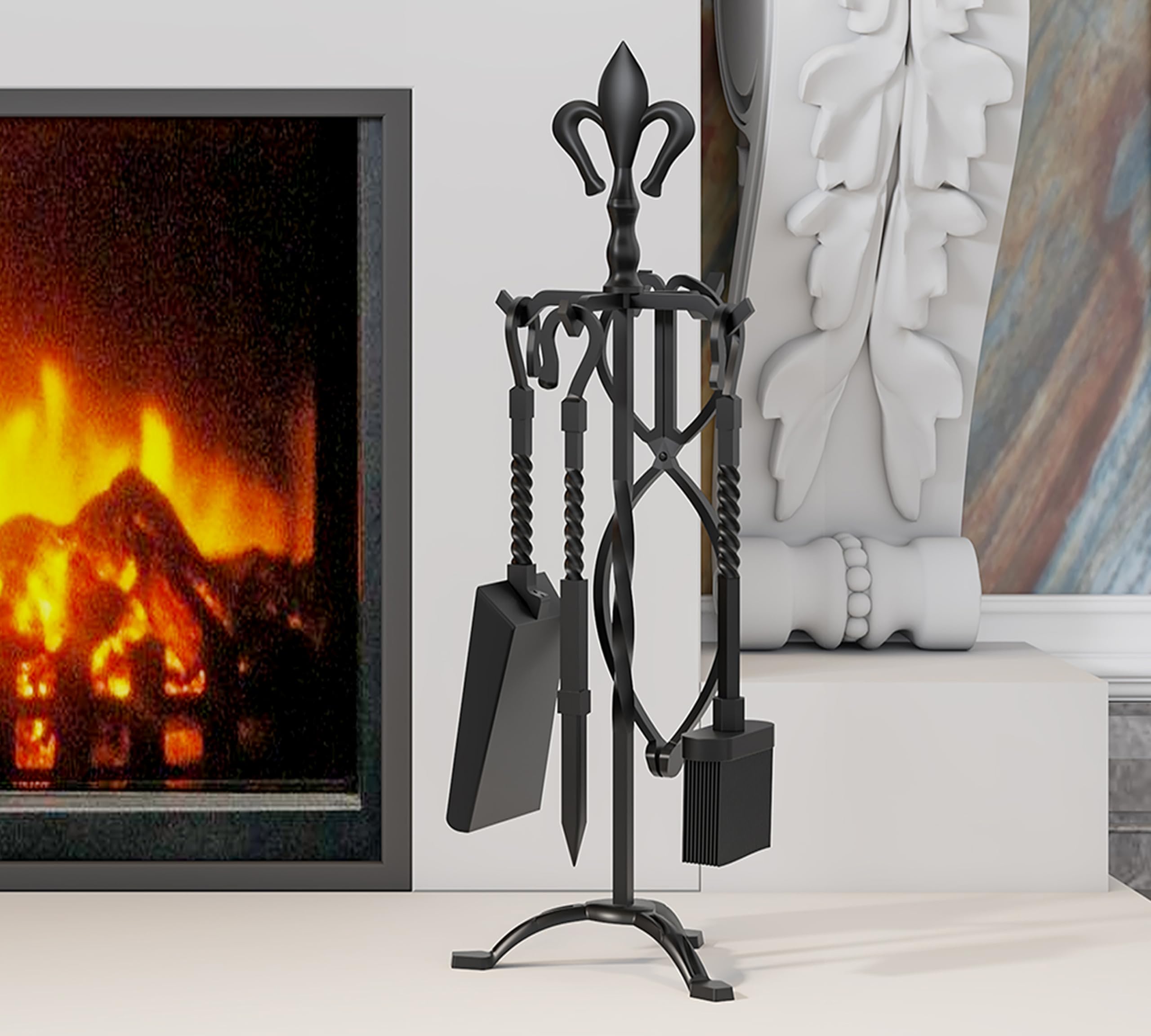 Kingson Set di 5 accessori per caminetto in ghisa, finitura nera, include attizzatoio, pinze, spazzola, pala e supporto, set di attrezzi per caminetti tradizionali, altezza 53 cm