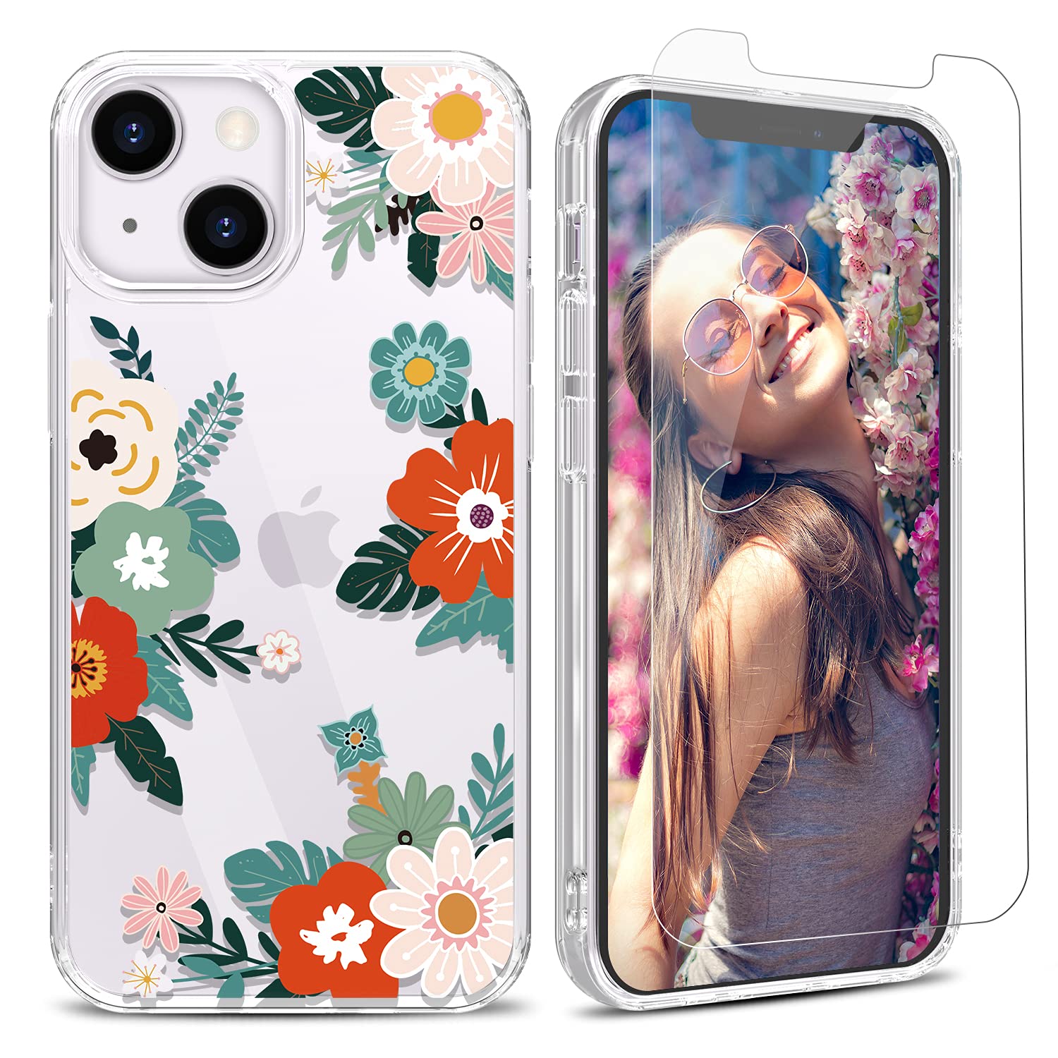 YAYOII Case for iPhone 13 Mini with Screen Protector, Clear Floral Patten Design for Women Girls Soft Flexible TPU Shockproof Protective Flower Bumper Cover Slim Fit Thin 5.4-inch 2021-Buds of May