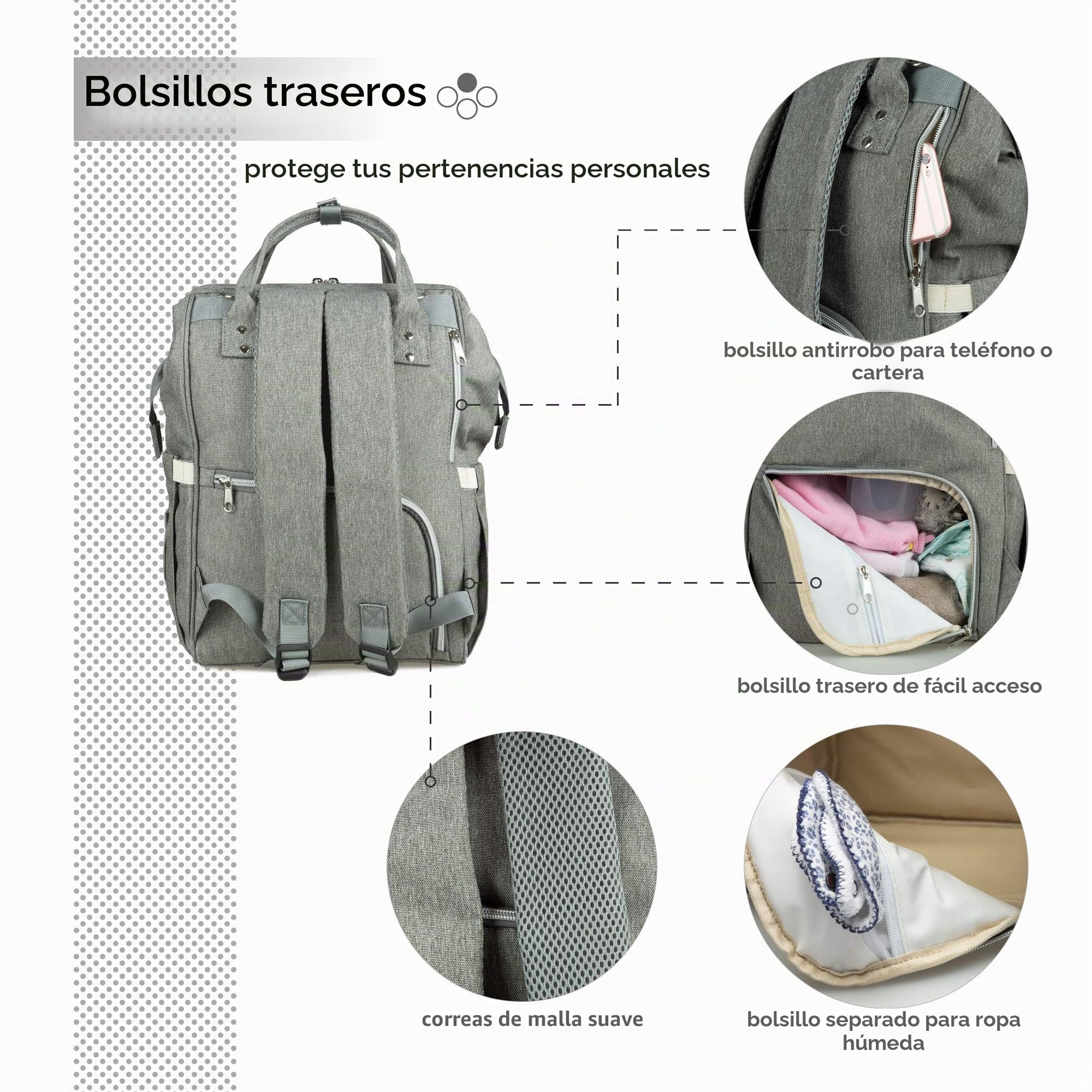 Mochilas de Pañales para Bebé, Maternal Bolso Multifuncional con USB de Viaje, Gran Capacidad, Impermeable (Gris)