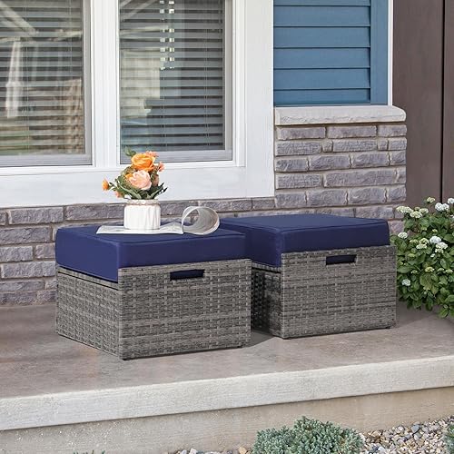 Miniatura 9 de Super Patio Otomana para exteriores, 2 piezas de mimbre para todo tipo de clima, juego otomano de ratán para patio con cojín grueso, reposapiés