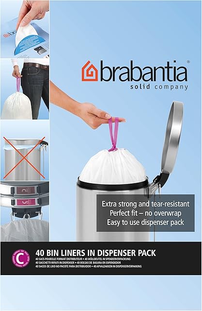 Brabantia IdealFit Bin Liners (Size C/10-12 Litre) Ideal Quality Thick Plastic Trash Bags with Tie Tape Drawstring Handles (40 Bags)