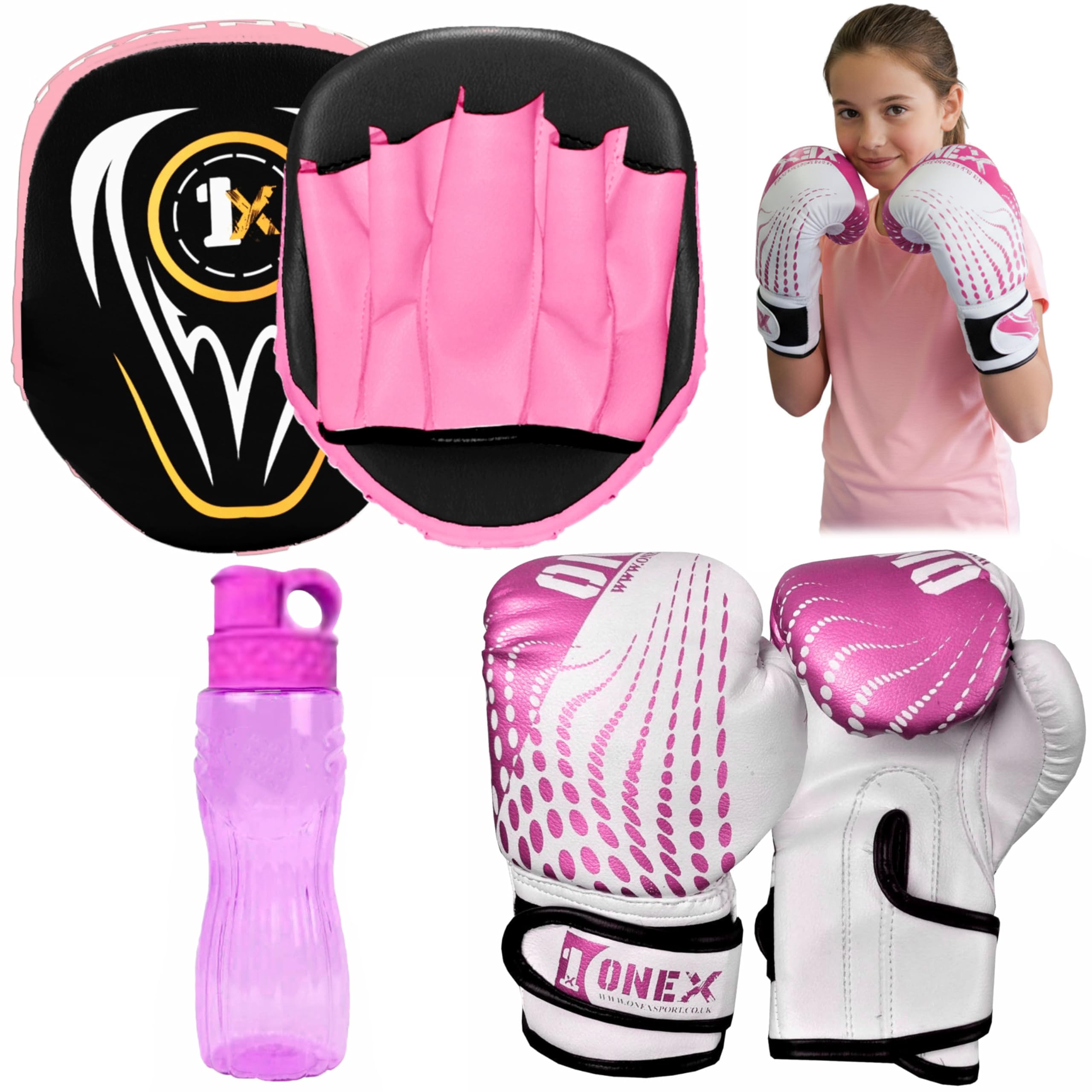ONEX Boxing Gloves and Pads Kids Boxing Set for Kickboxing & MMA Muay Thai Punching Glove Flat Boxing Pads With Water Bottle Martial Arts Training for Kids and Junior (PINK, 4oz)