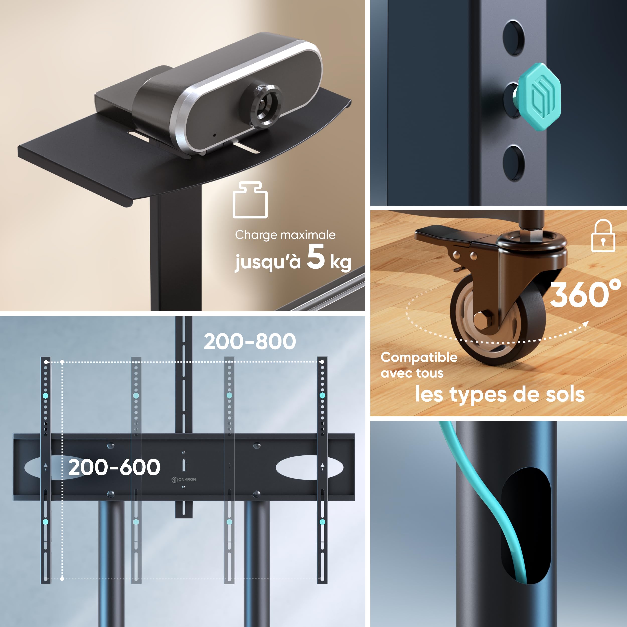 ONKRON Support TV roulettes 55-90 Pouces, 75 kg, Max VESA 800x600, TS1871-B | Support TV mobile, hauteur réglable jusqu’à 1590 mm, gestion des câbles, pour réunions, formations et événements, noir