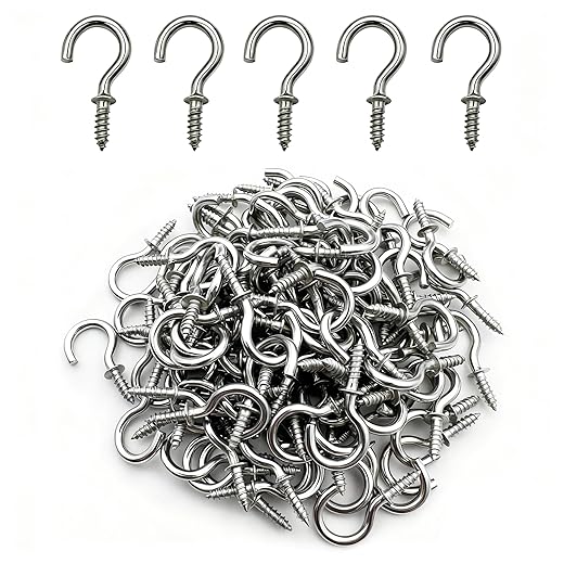 IDEALSV 100 Pcs (304) Stainless Steel Screw Hooks 5/8 Inch Small Hook Screw-in Light Hooks Outdoor and Indoor Hanging