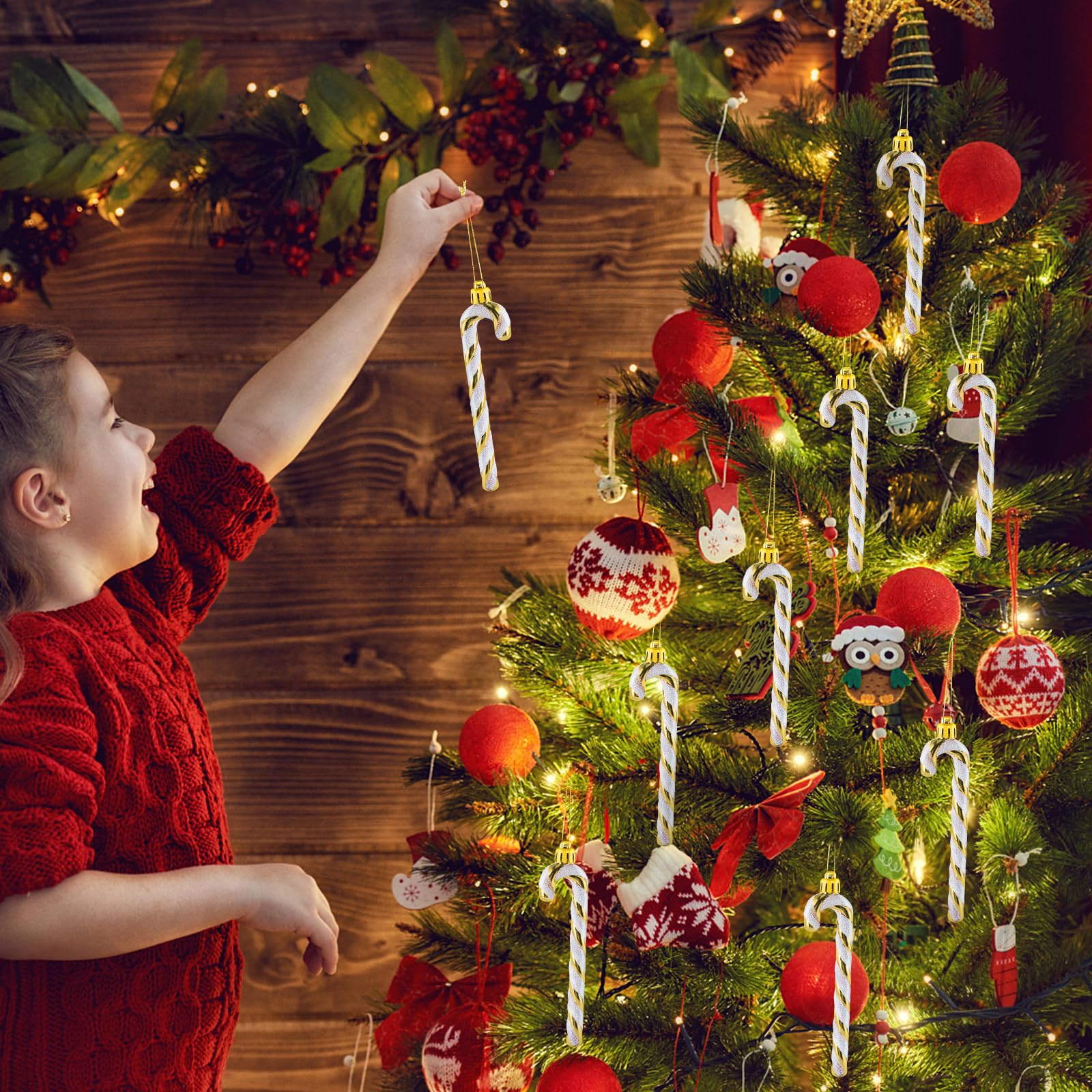 Vookkp 18 Pezzi Albero di Natale Caramelle Bastoncino di Zucchero Natale Decorazioni Caramelle Albero di Natale Glitter Addobbi Natalizie in Rosso e Bianco