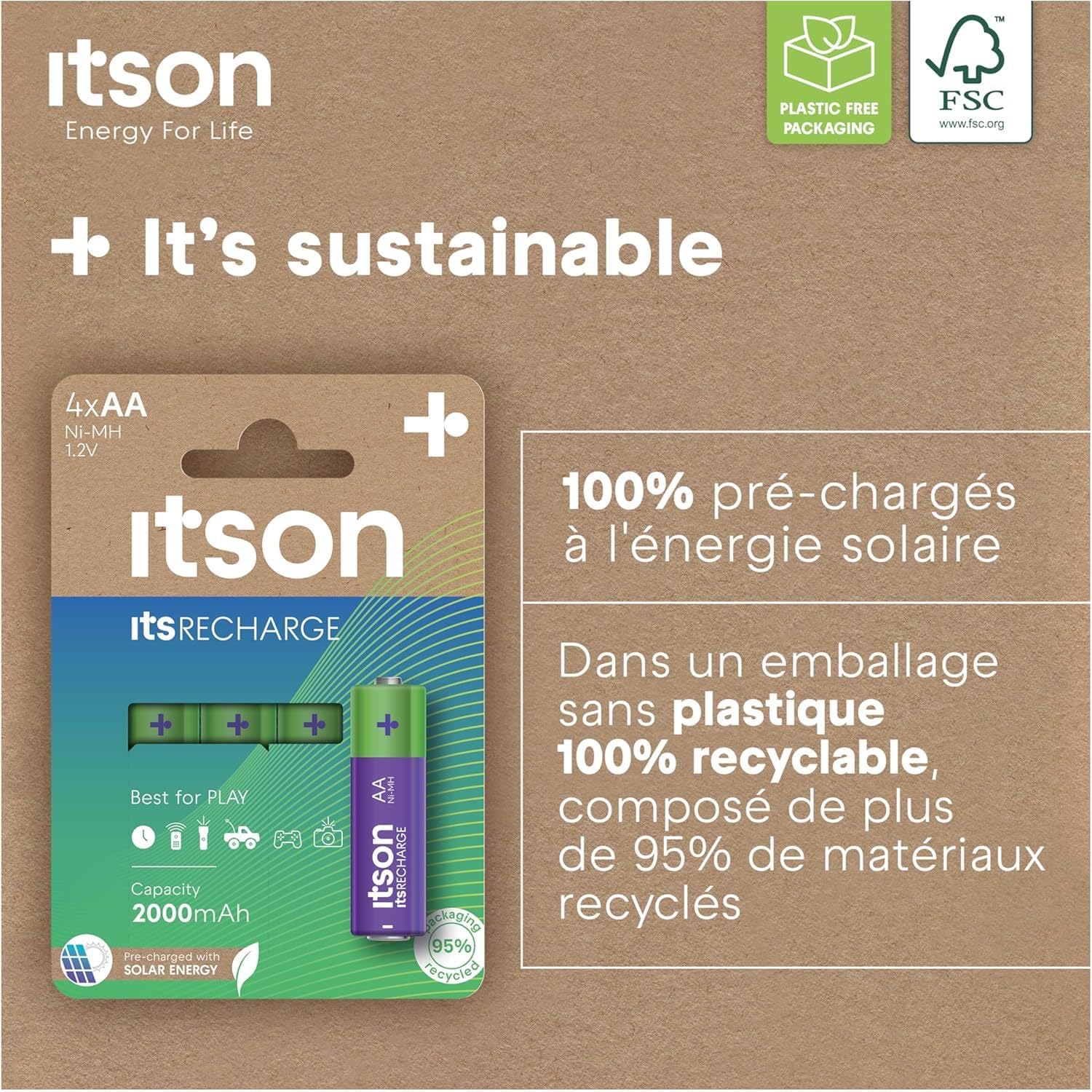 ITSON Lot de 3 x 4 Piles Rechargeables AA prêtes à l'emploi Pro NiMH, 2000 mAh. Idéales pour télécommandes, Torches, horloges