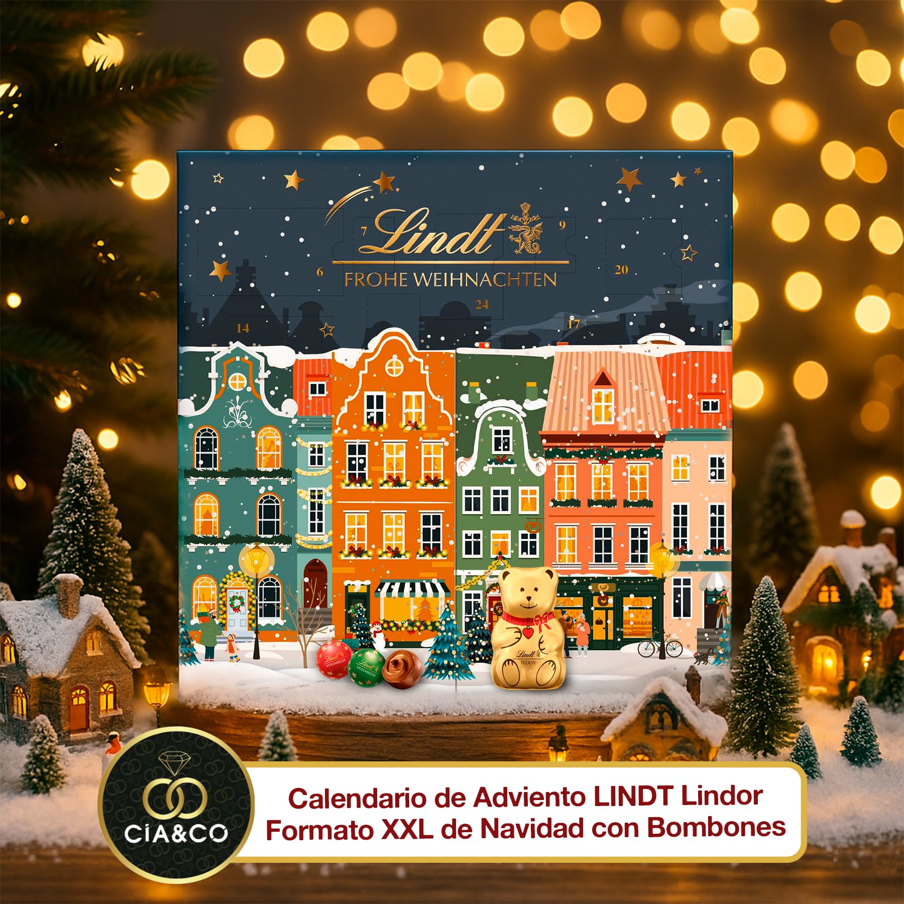 Calendario de Adviento LINDT Ciudad Navideña XXL 2025 · Formato Desplegable con Efectos Dorados · Bombones, y Figuras Lindor · Incluye Tarjeta Personalizada Cia&Co · Regalo Premium de Navidad 153 g