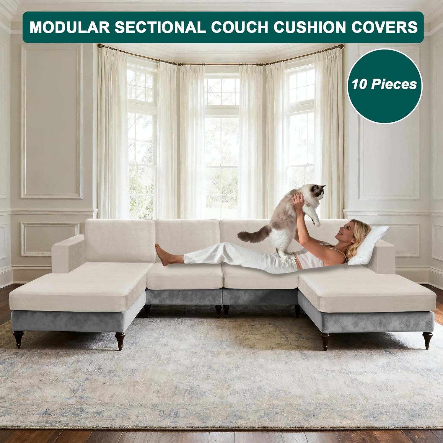 10 Pieces Sofa Cushion Covers for U-Shaped Modular Sectional Couch with 4 Seat+4 Back+2 Arms, Stretch Velvet Upholstered Covers for Sofa Bed with Deep Double Chaise (Beige,Universal (10 Pieces))