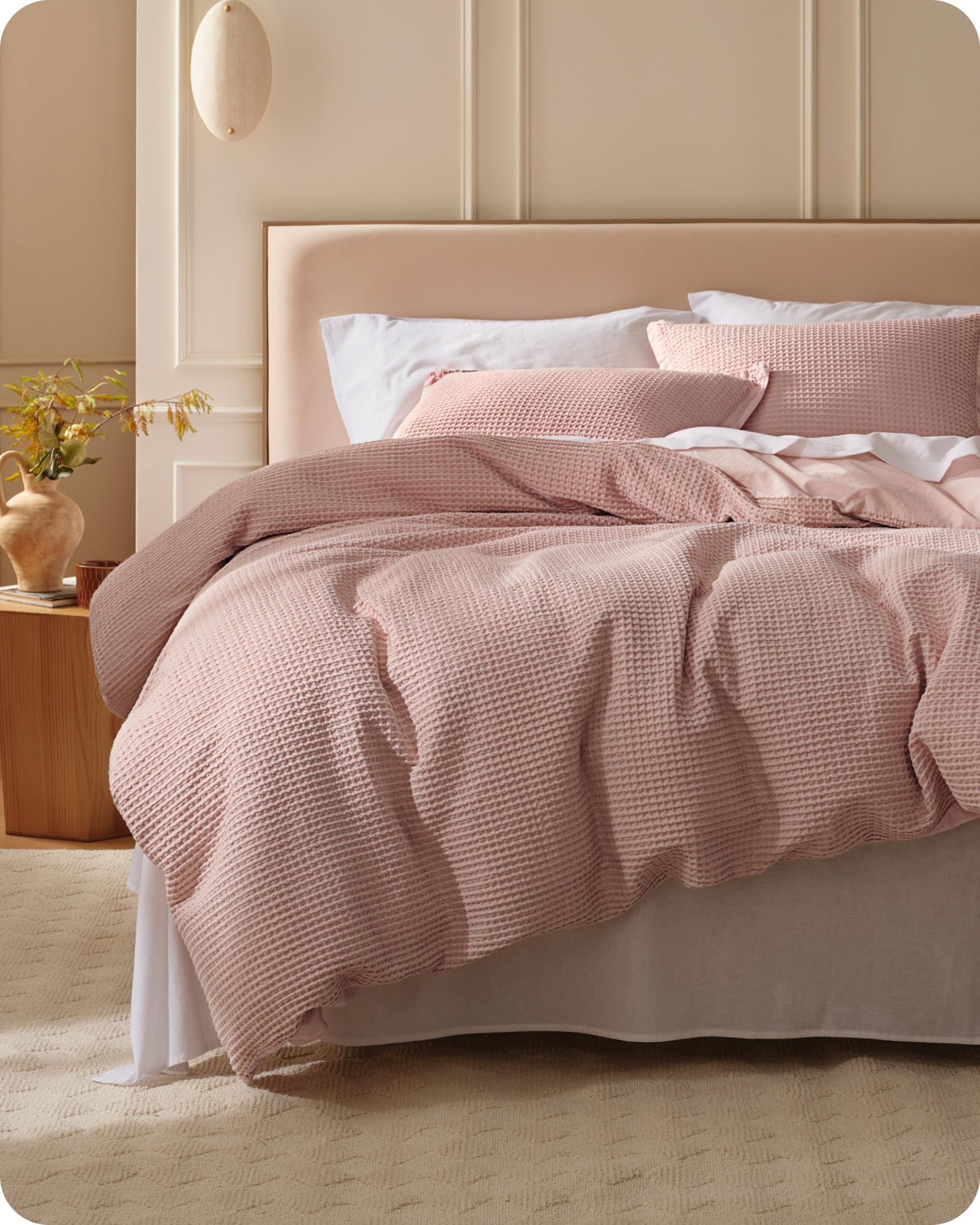 Bedsure Cotton Duvet Cover King - 100% Cotton Waffle Weave Pink Duvet Cover King Size, PureWoven Breathable Bedding Set for All Season, 3 Pieces, 104"
