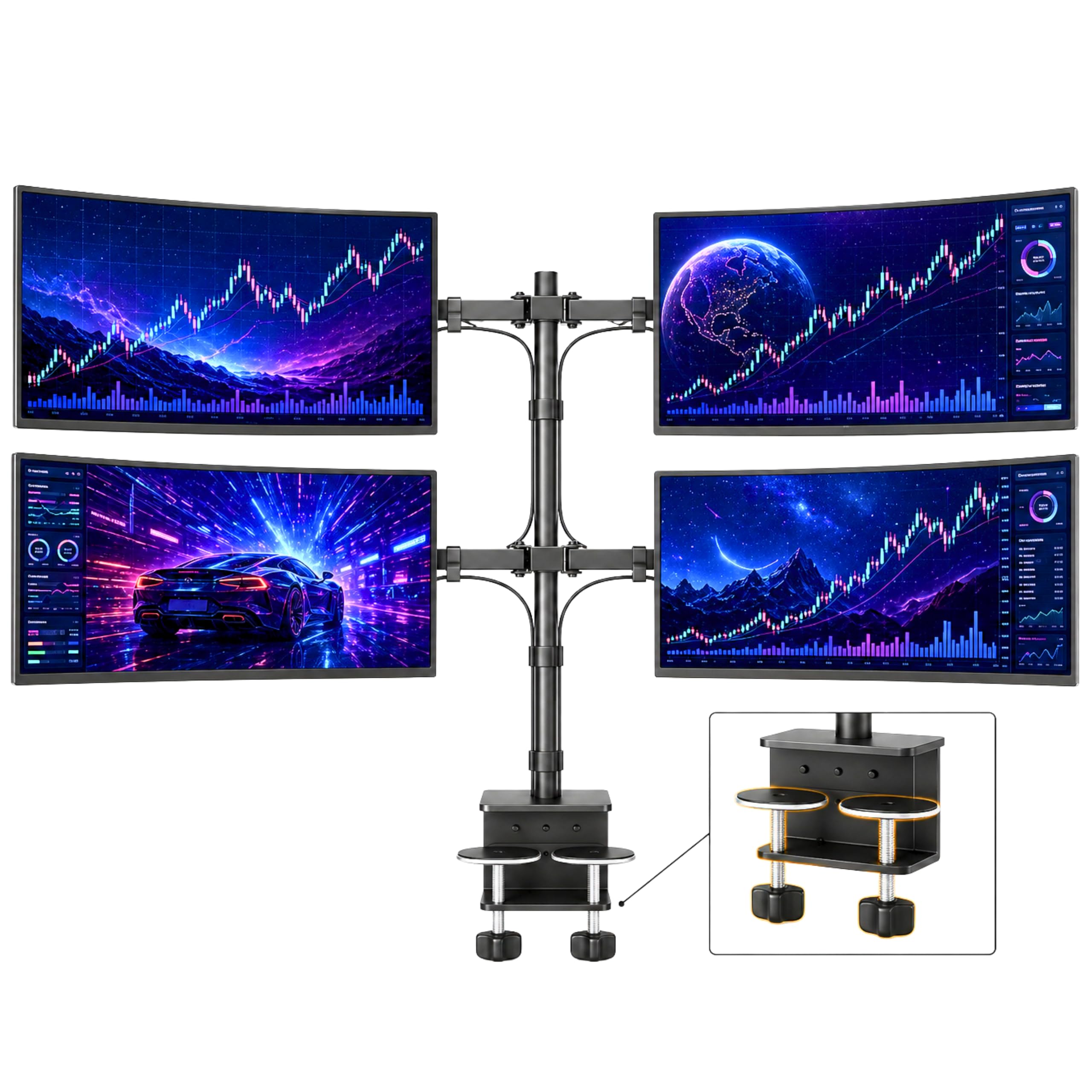 BIJASANI Quad 4 Monitor Stand | 2+2 Stacked Dual-Arm Layout | Large Dual C-Clamp | 810mm Single-Pole | 10 KG Per Arm | 10–32" | Tilt Swivel Rotation | 3 Year Warranty | Trading Gaming WFH