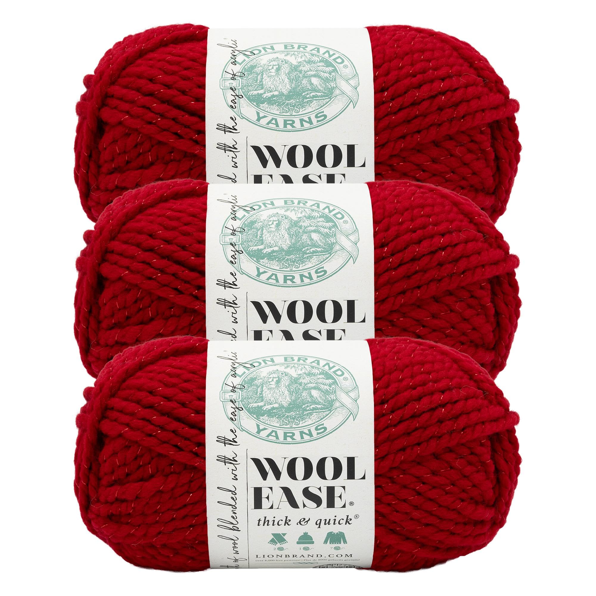 Lion Brand Yarn, Wool-Ease Thick &amp; Quick Ruby Slippers, Red Metallic 3 Pack