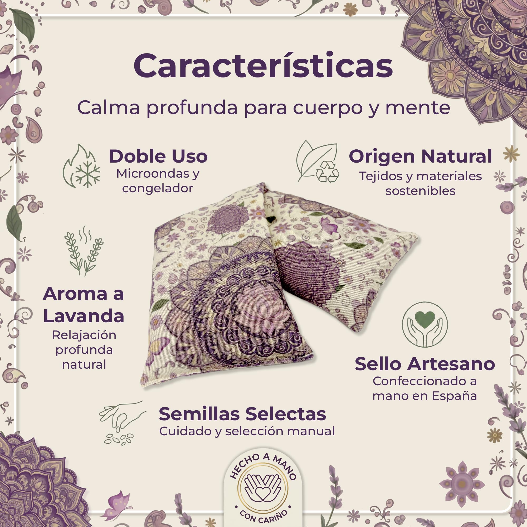 Saco Semillas Microondas Termico 45x14cm Aroma Lavanda - Bolsa Semillas Calor Microondas - Cojin para Dolor Cervical y Lumbar - Saquito Menstrual - Almohadilla Calor y Frio - Hecho a Mano (Mandala) — view 3