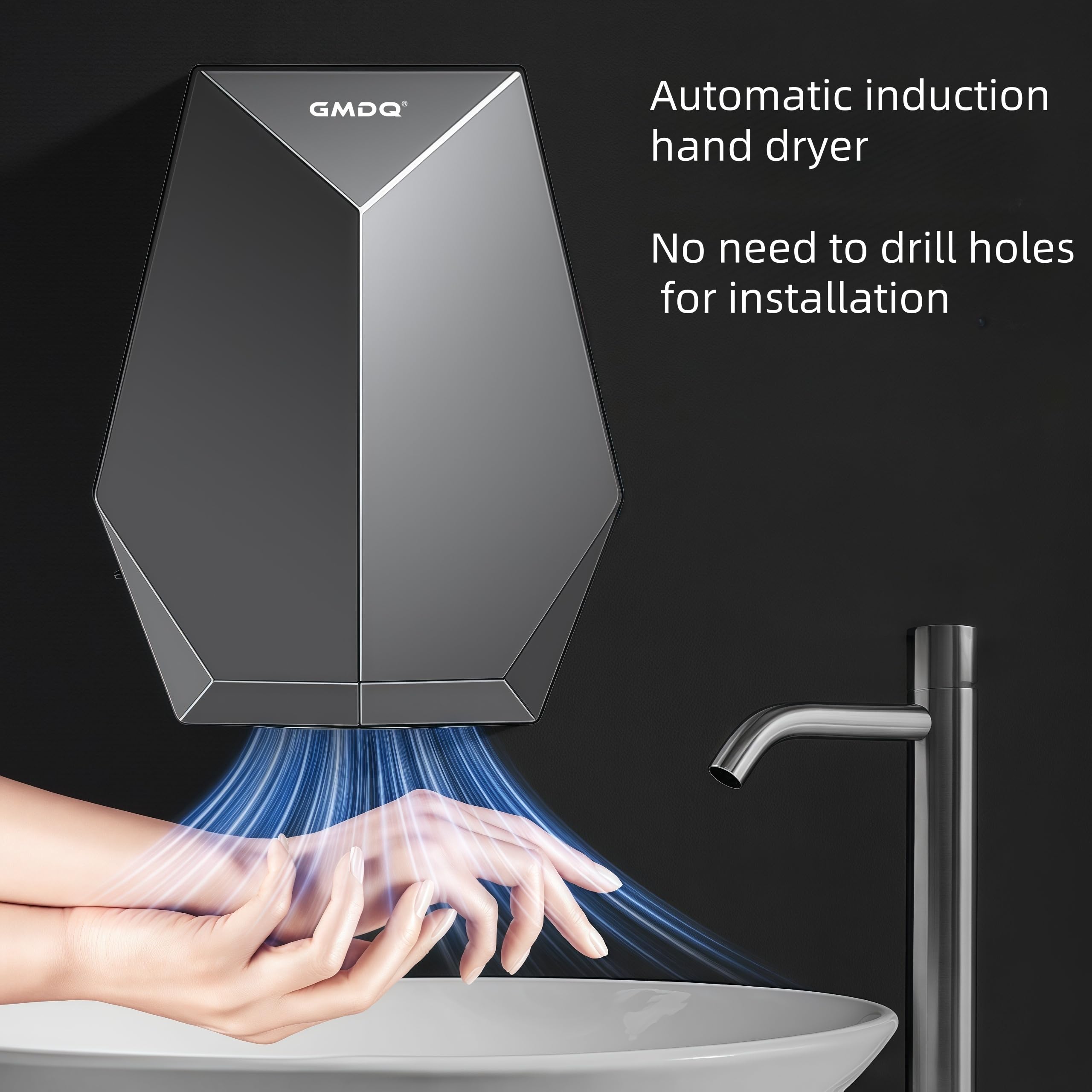 Photo 1 of GMDQ 1600W Powerful Hand Dryer, Wall-Mounted Quiet Bathroom Dryer with No-Drill Installation, Compact Automatic Sensor Dryer for Home, Kitchen, Hotel(Black and White) (Black)