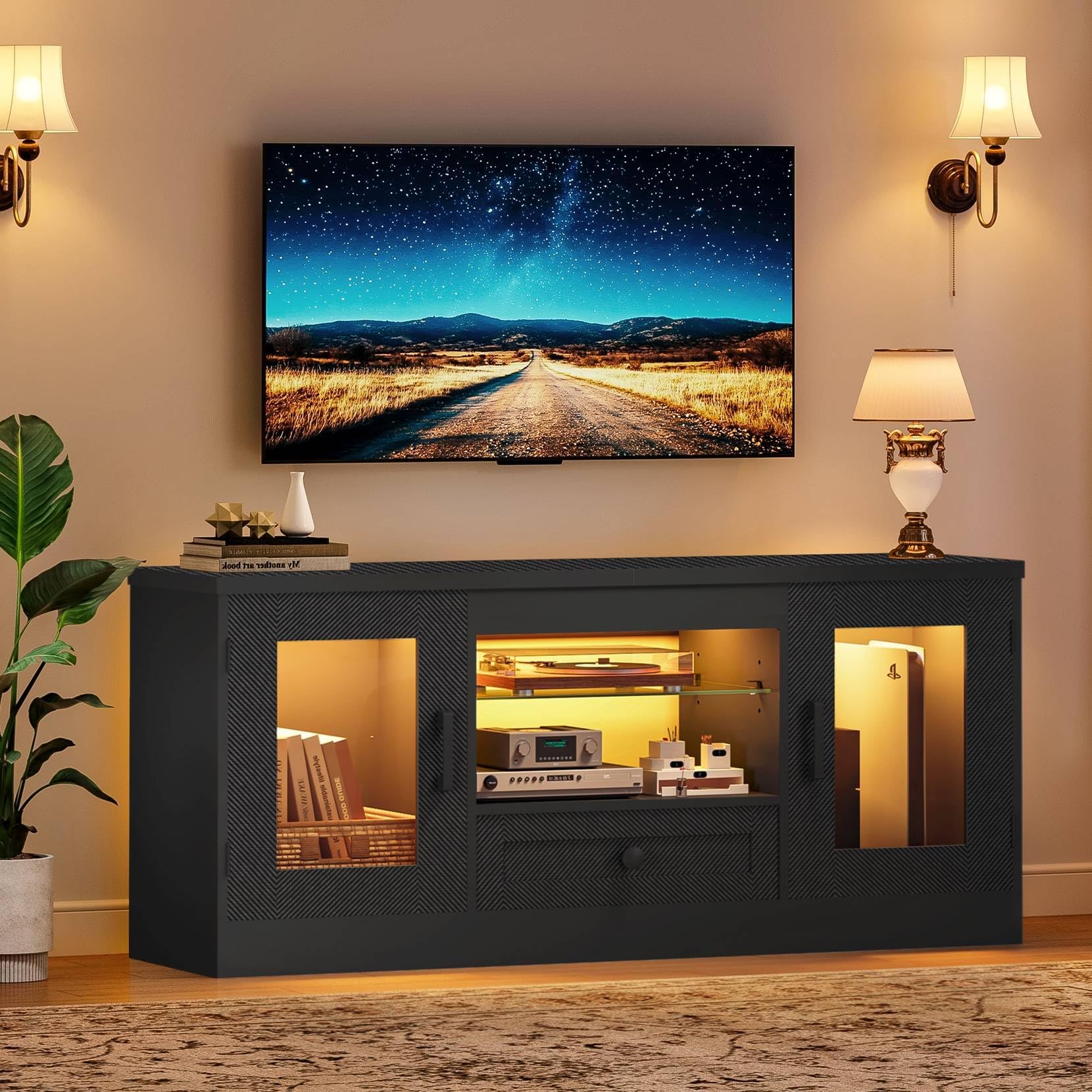 Concho TV Unit, TV Stand Cabinet with LED for Living Room, Black