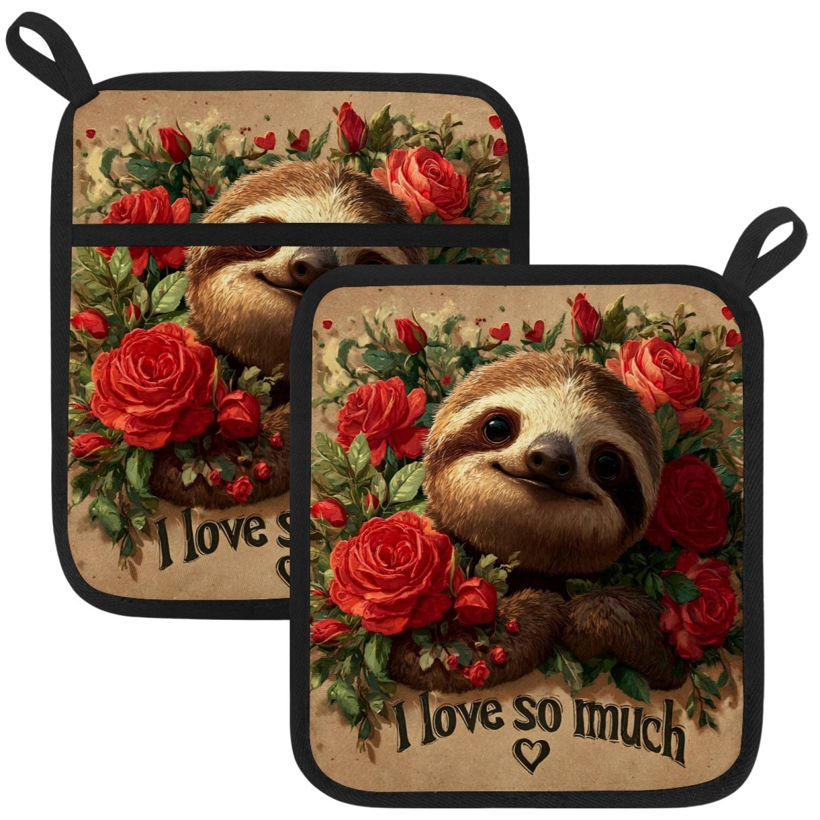VAPOKF Sloth Rose Heat Resistant Pot Holders, Thick Pot Holders Pad with Hanging Loop for Kitchen, Oven Cloth Pads for Kitchen Baking Microwave Oven