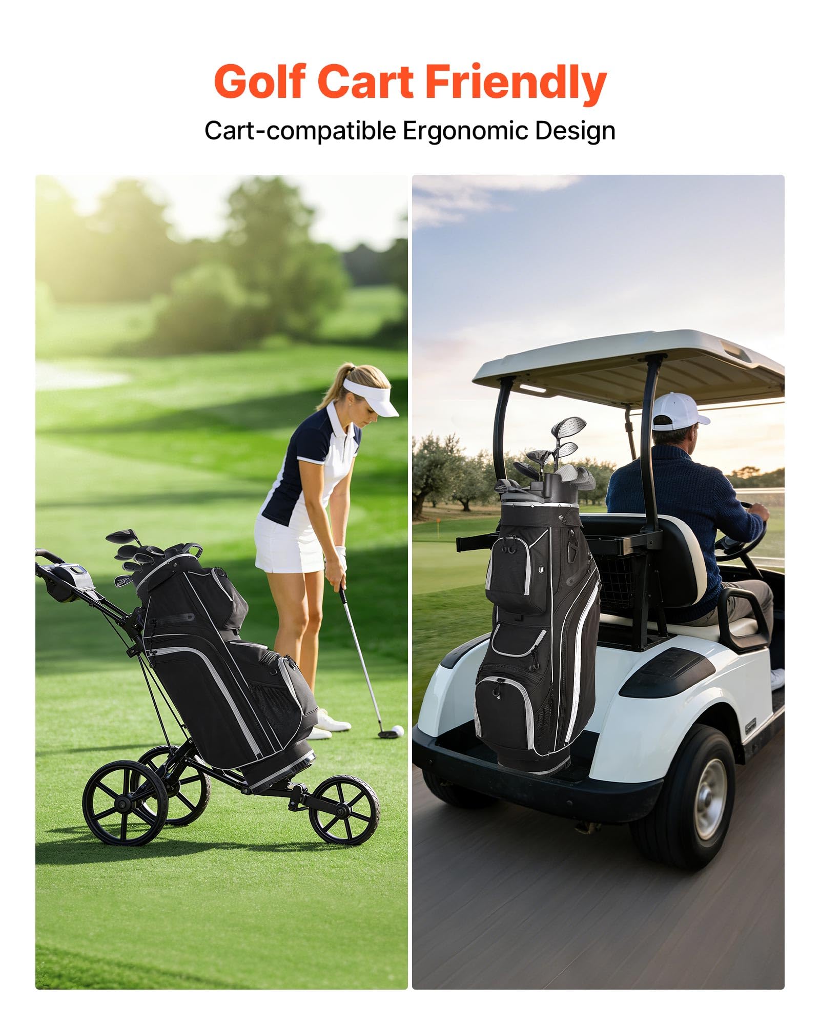 VEVOR Golftasche mit 14-fache Durchgehenden Schlägerfächern Tragegriffen Stautaschen Schultergurt Regenschutzhaube Leichtgängigen Reißverschlüssen Golfbag aus 900D Polyester Schwarz