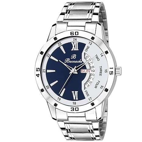 Buccachi Analogue Blue & White Round Day & Date Dial Silver Color Strap Watch for Men's (B-GR5046-BWH-CH)
