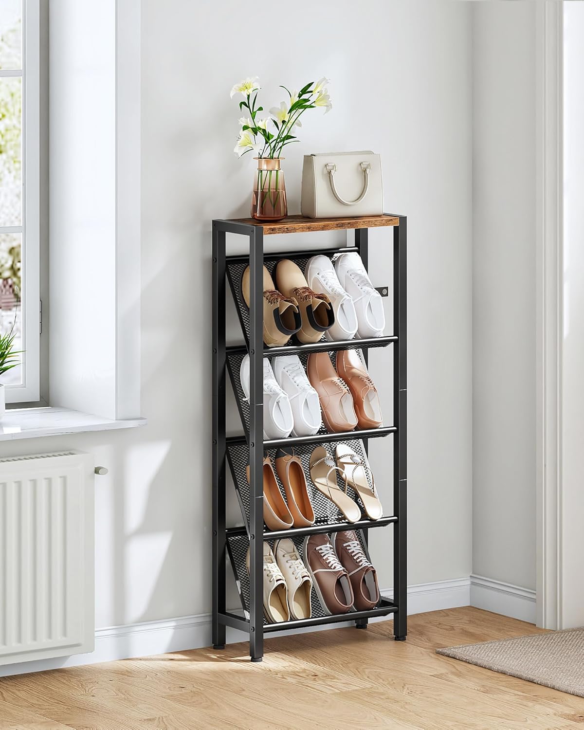 Shoe Rack, 5-Tier Slanted Shoe Rack, Narrow Shoe Storage Shelf, Slim Shoe Organizer for Entryway, Space-Saving, Wooden Top and Metal Frame, for Entryway, Hallway Rustic Brown and Black TXJ03BF