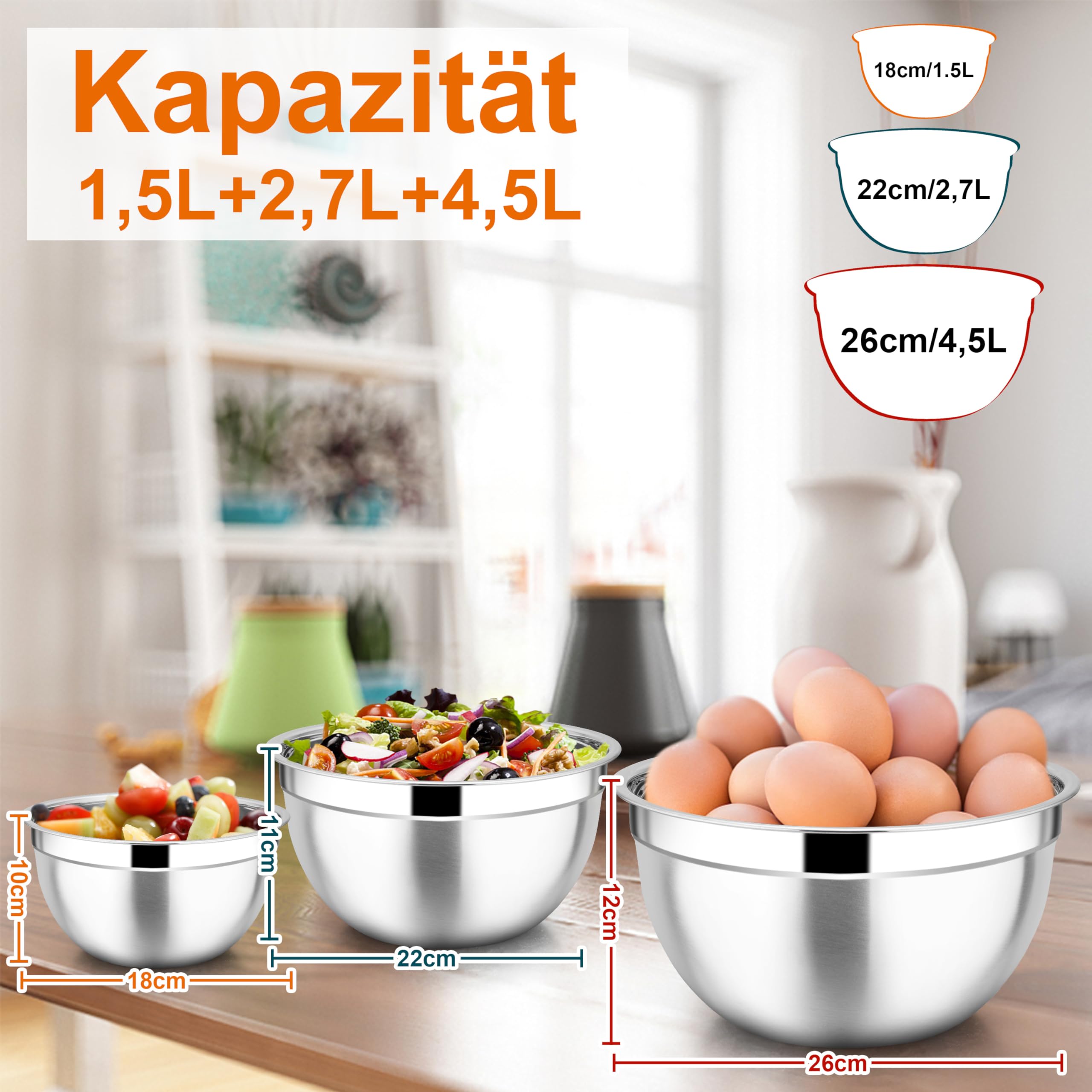 Set De 3 Saladiers En Inox Empilables Relaxdays - Capacités 1,5 L, 3 L, 5 L - Pour Cuisine, Préparation, Service - Lave-vaisselle Safe
