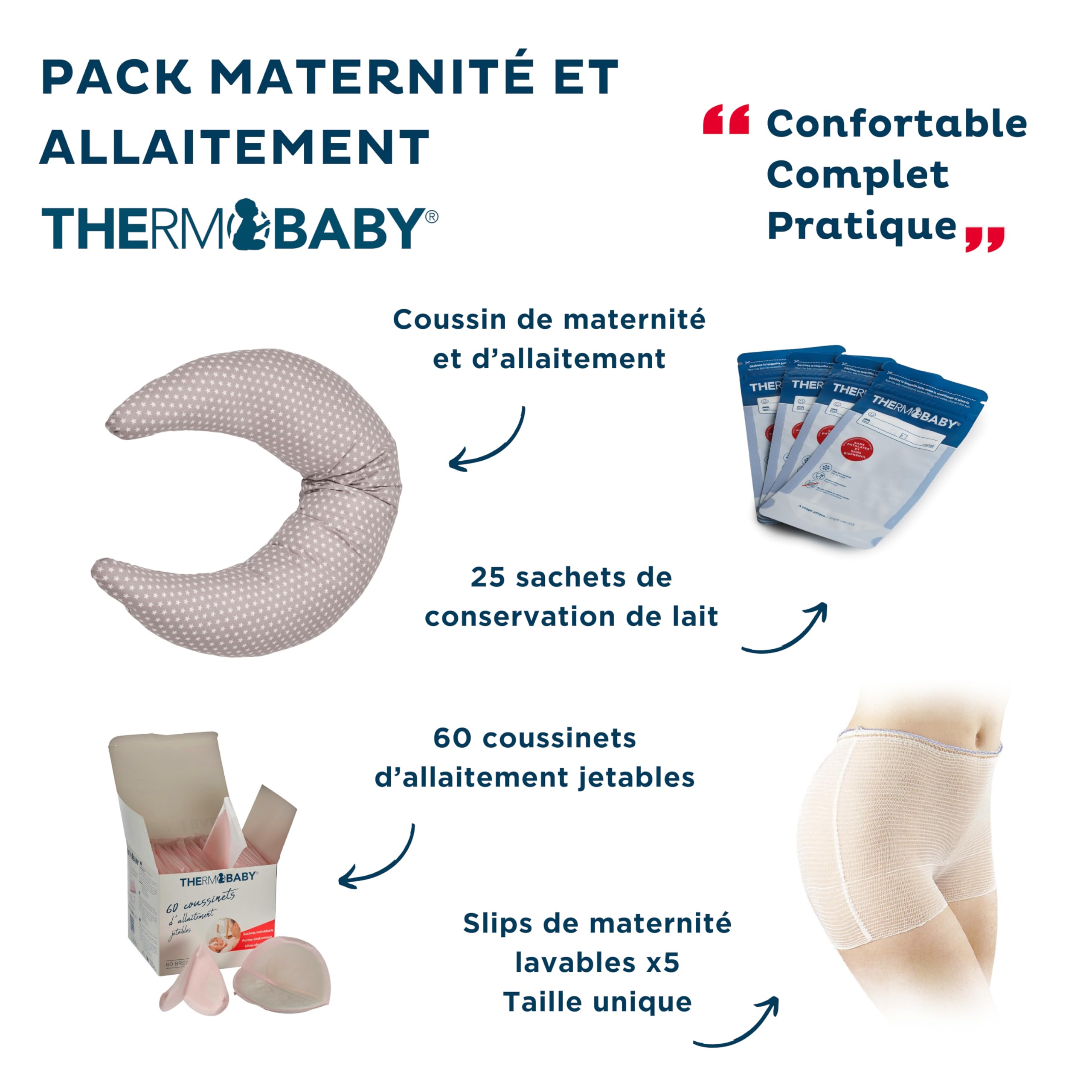Thermobaby - Umstands- und Stillpackung – Stillkissen – waschbare Mutterschaftsslips – Aufbewahrungsbeutel für Muttermilch und Stilleinlagen – Komfort und Unterstützung