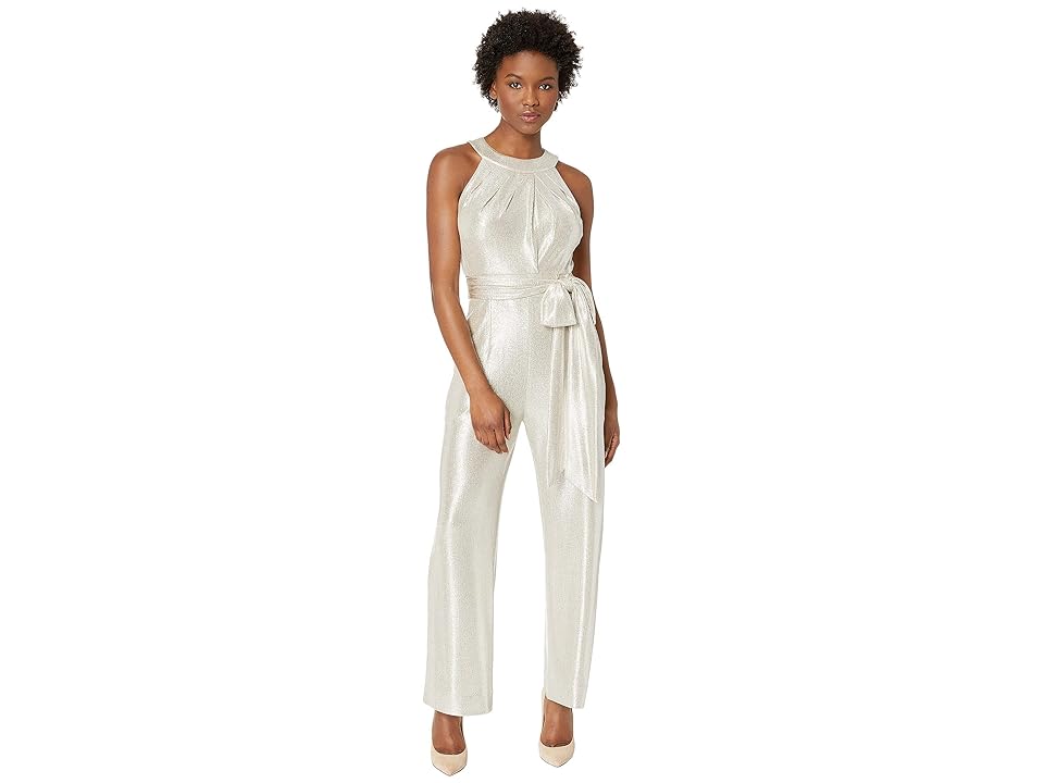 

Tahari by ASL Petite Metallic Halter Neck Jumpsuit (Ivory White/Silver Grey) Women's Jumpsuit & Rompers One Piece