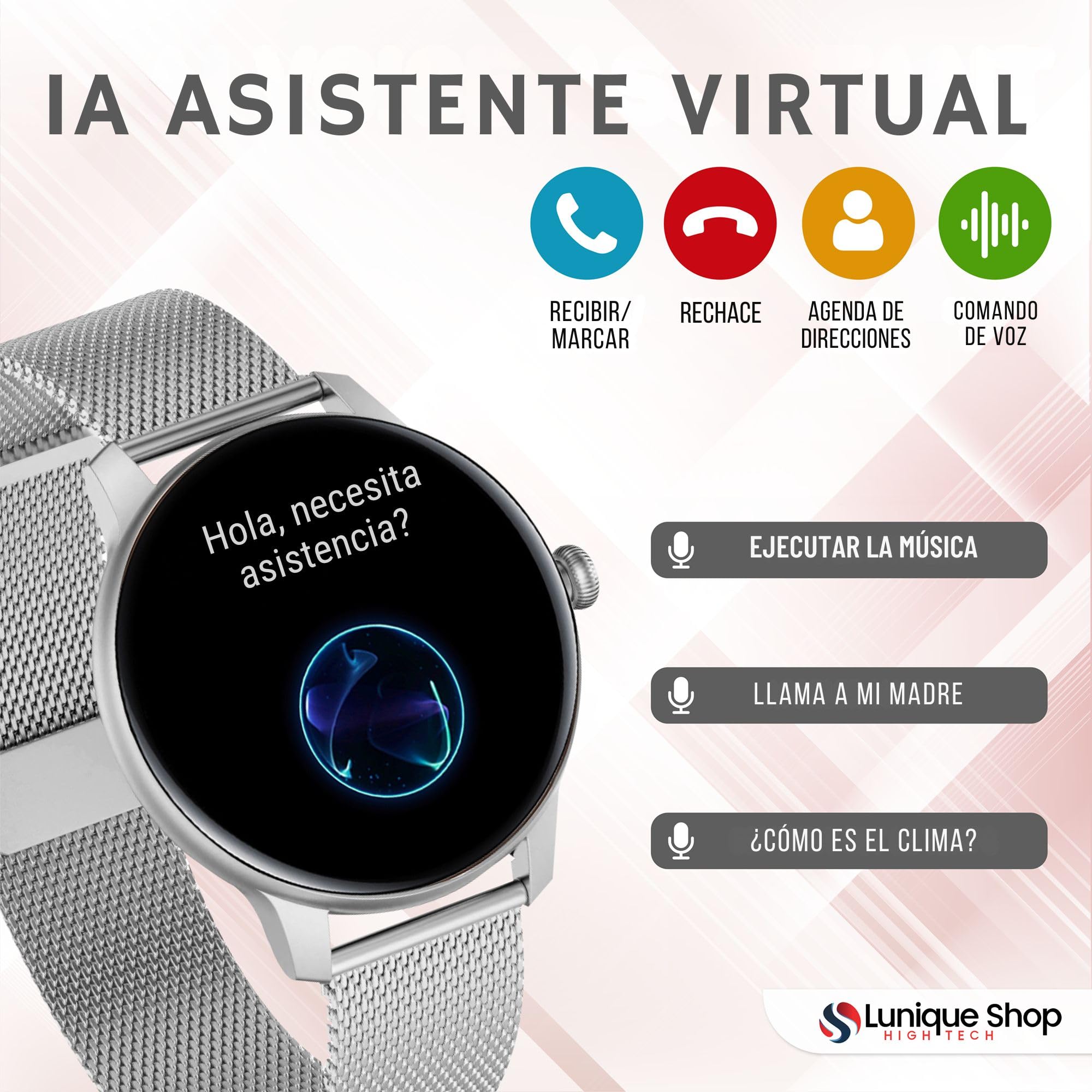 LSCALL Reloj Inteligente Mujer Hombre con Llamadas y Asistente Voz, Smartwatch 2 Correas, Monitor de Ritma Cardíaco y Sueño, Podómetro para Android iOS Rosa