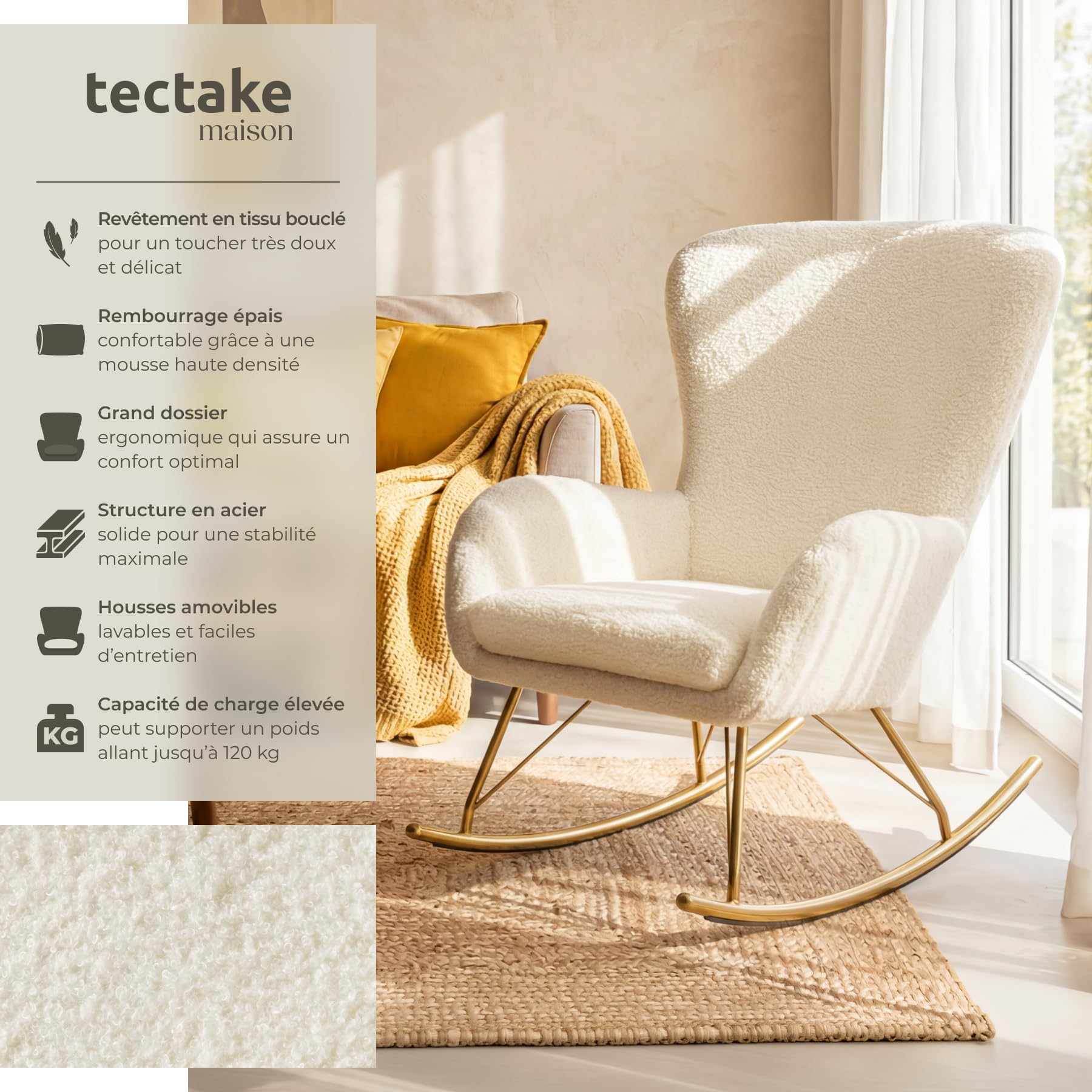tectake® Rocking Chair Fauteuil à Bascule rembourée avec Accoudoirs Bouclette Cadre en Acier Fauteuil Salon Veranda, Chaise Ergonomique idéal Détente, Allaitement