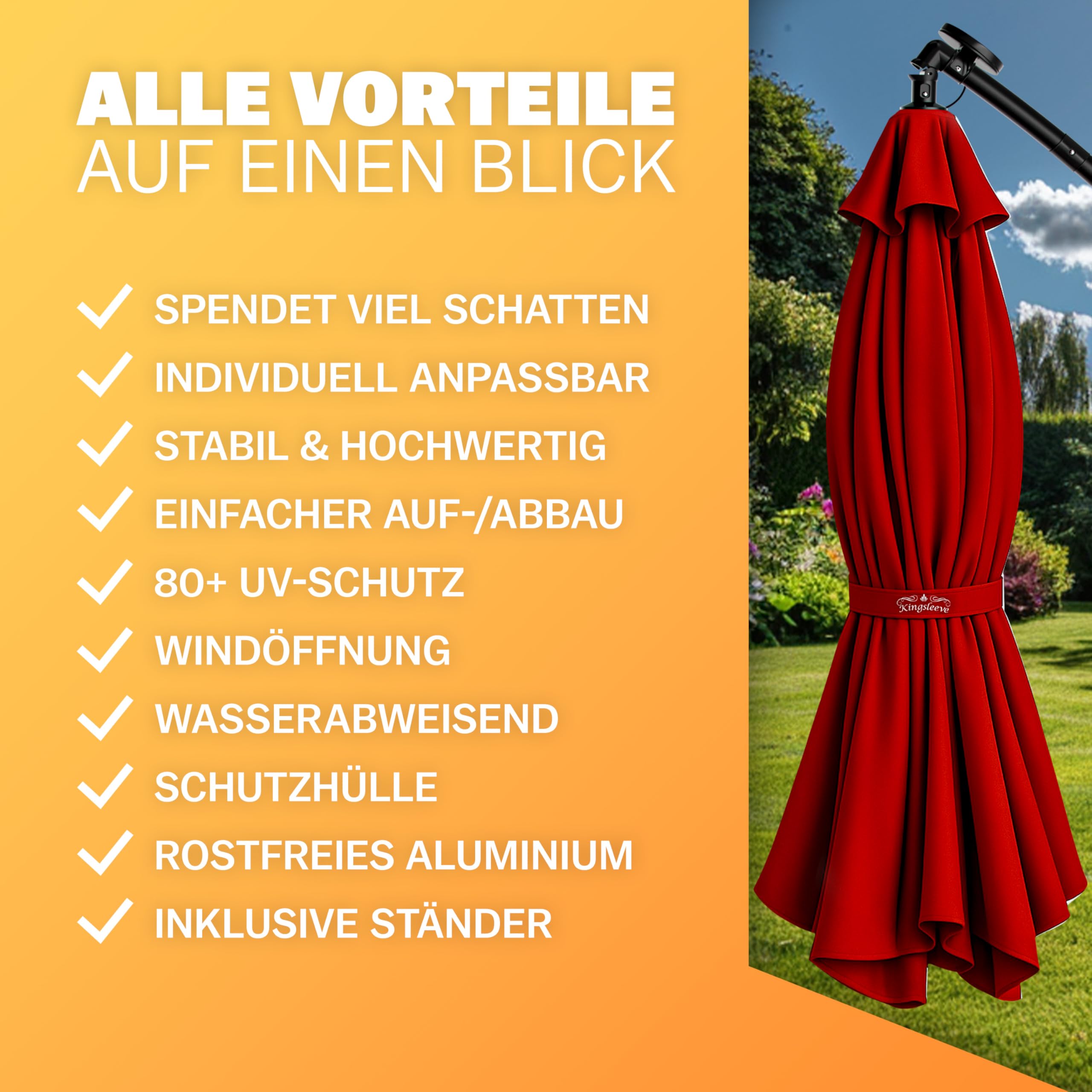 Kingsleeve® Ampelschirm LED Beleuchtung UV Schutz 80+ Solar Ständer Schutzhülle Windsicherung 300cm Groß Kurbel Balkon Terrasse Garten Sonnenschirm Rot