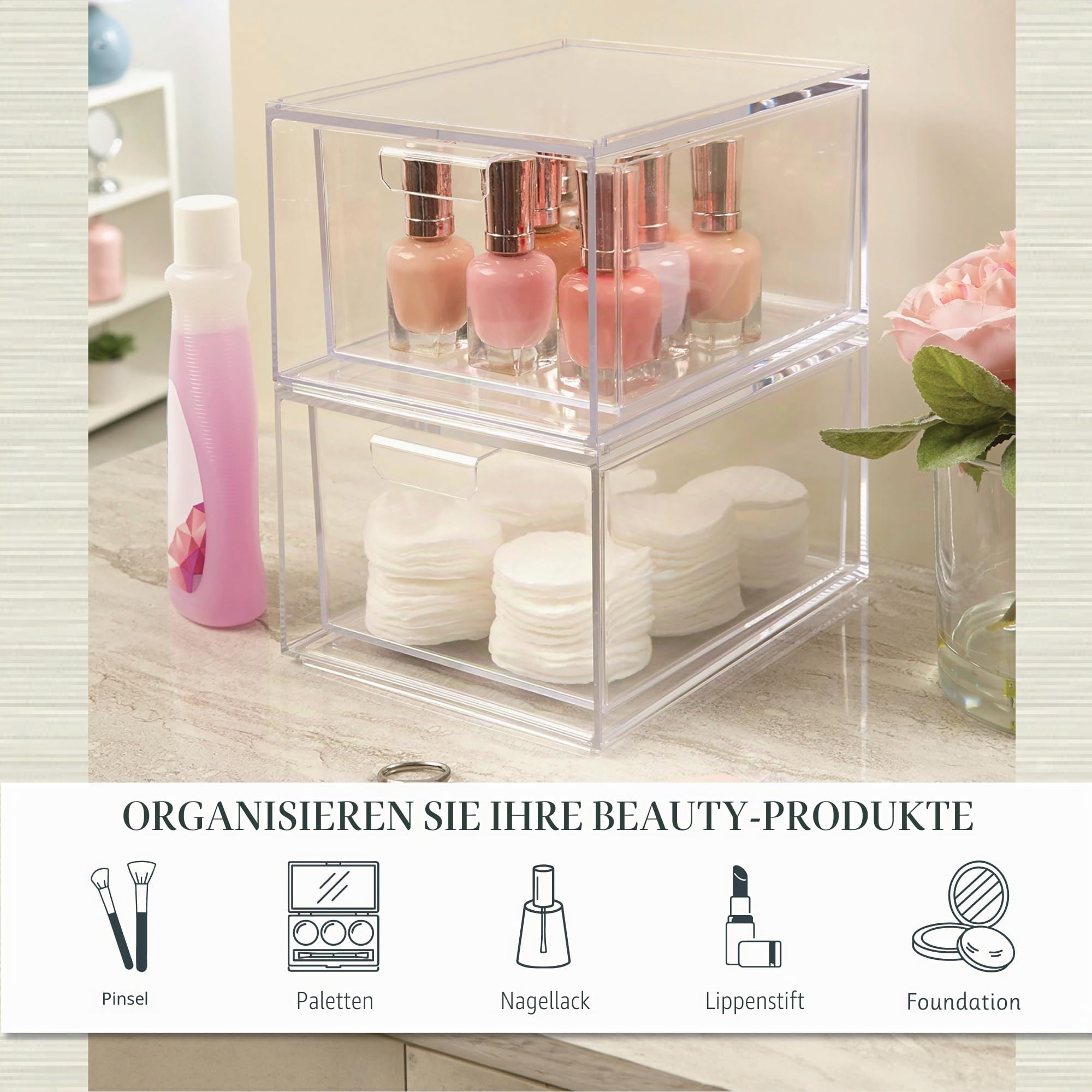STORi Audrey stapelbare transparente Kunststoff-Organizer-Schubladen, 2-teiliges Set zum Organisieren von Kosmetik- und Schönheitsartikeln auf einem Schminktisch, hergestellt in den USA