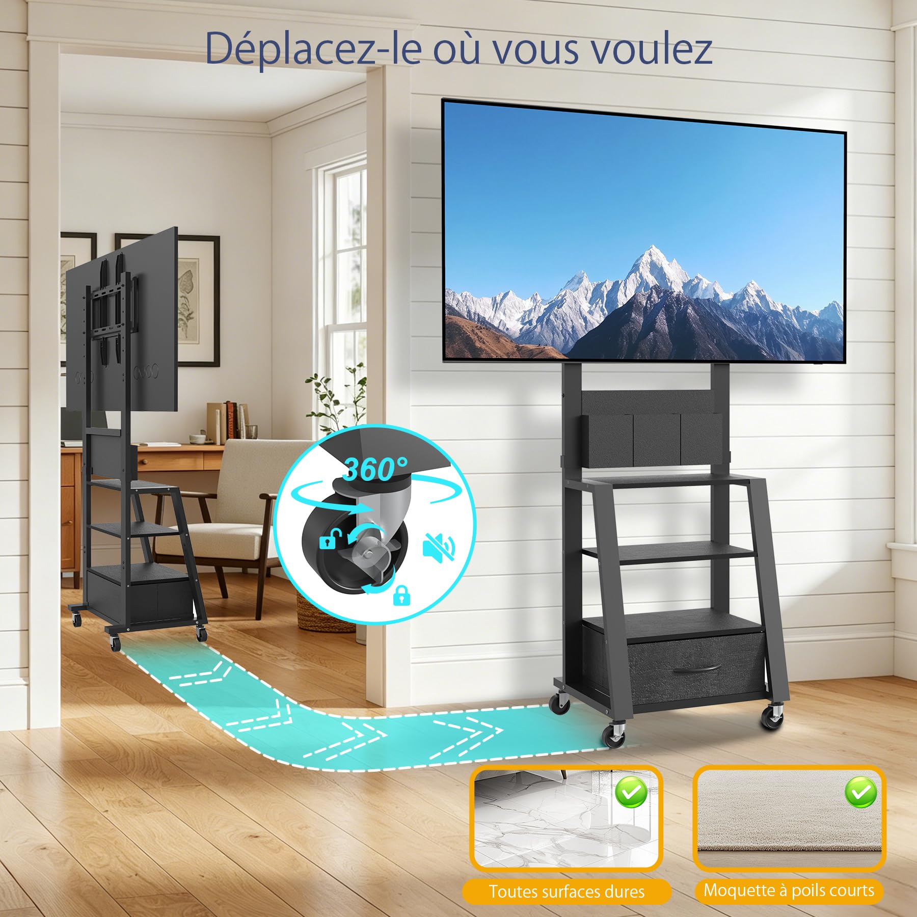 Support TV à roulettes avec tiroir et 3 Niveaux, Plats/incurvés de 23"-60" LCD/LED/OLED. Hauteur réglable Chariot TV Mobile avec roulettes pour Maison, Bureau l'extérieur. VESA Max 400 x 400 mm, Noir