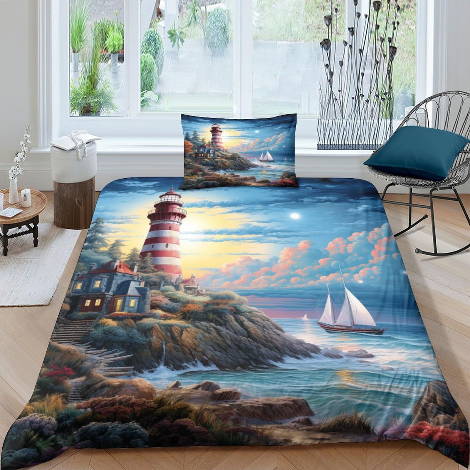 Housse de couette phare 3D anti-plis et respirante pour lit 1 personne