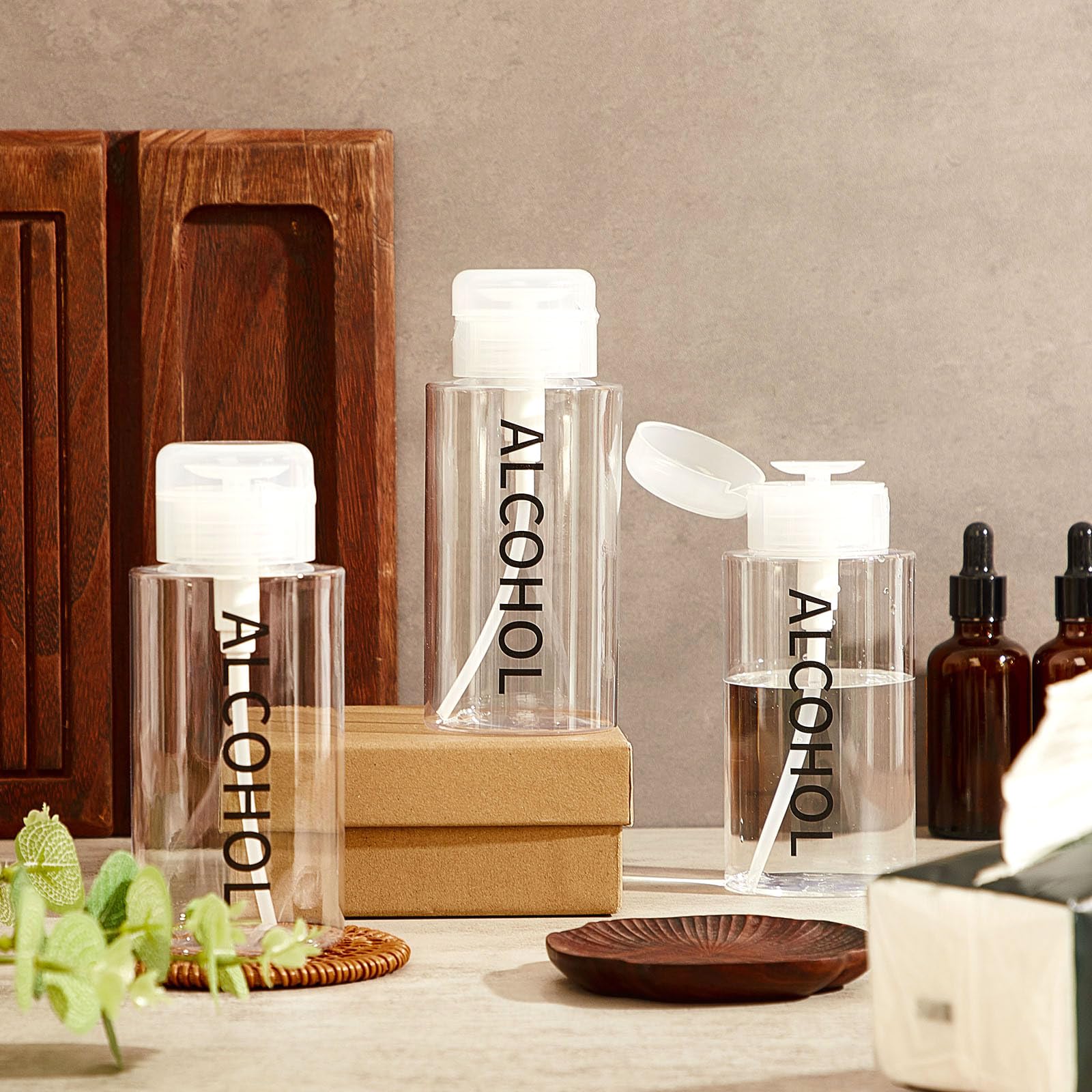 Layhit Dispensador de bomba de alcohol de 10 onzas, botella de bombeo vacía transparente, dispensador de líquido de empuje hacia abajo, contenedor cosmético recargable etiquetado (12 piezas)