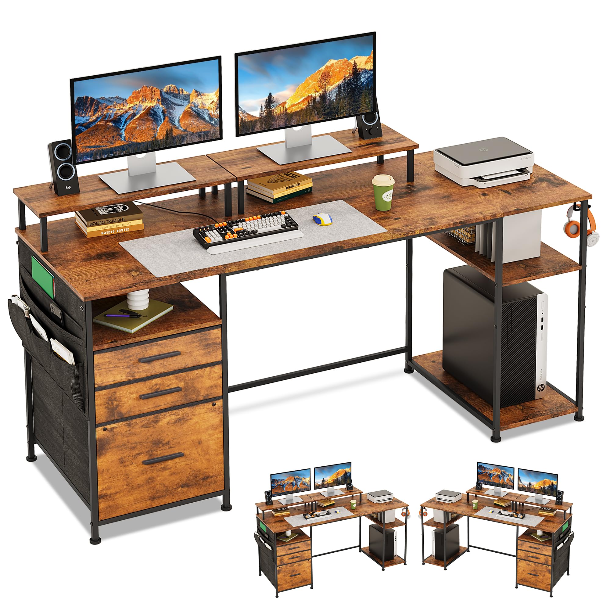 EKNKOZY Computer Desk with 3 File Cabinet Drawers, 57.8'' Reversible Gaming Desk, Office Desk with Storage Shelves and Dual Monitor Stand for Home &