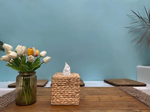 Miniatura 6 de Funda cuadrada para caja de pañuelos de hierba marina, rústica decorativa de mimbre para caja de pañuelos de jacinto de agua, cubierta cuadrada para