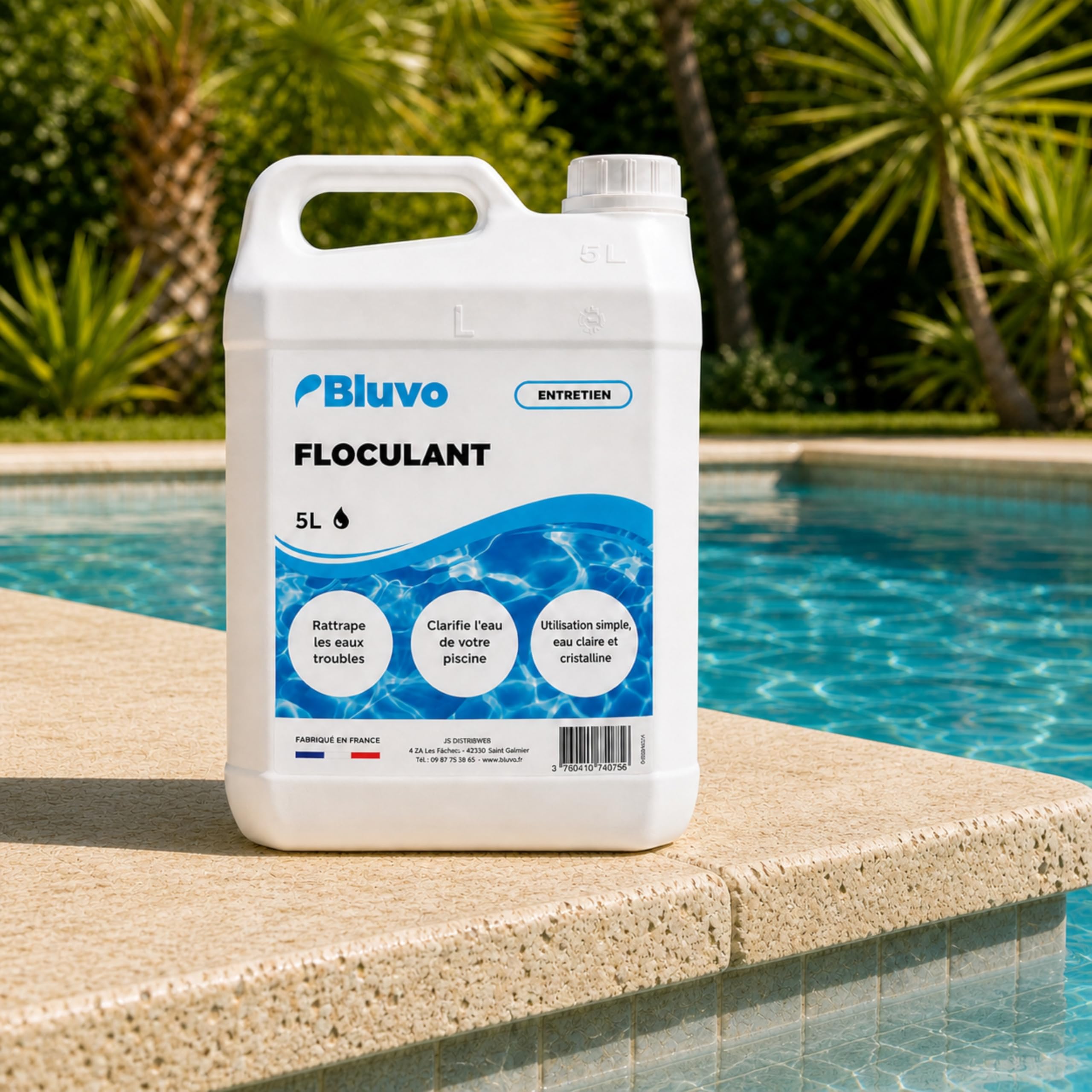 Bluvo Floculant Liquide Piscine 5L – Clarifiant pour Eau Trouble | Lutter Contre Les eaux Troubles | Produit pour Piscine | Fabriqué en France