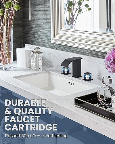 Miniatura 3 de Grifo de baño de cascada negro mate, grifos de baño generalizados de 8 pulgadas para fregaderos, 3 agujeros, moderno grifo de lavabo de baño de 2