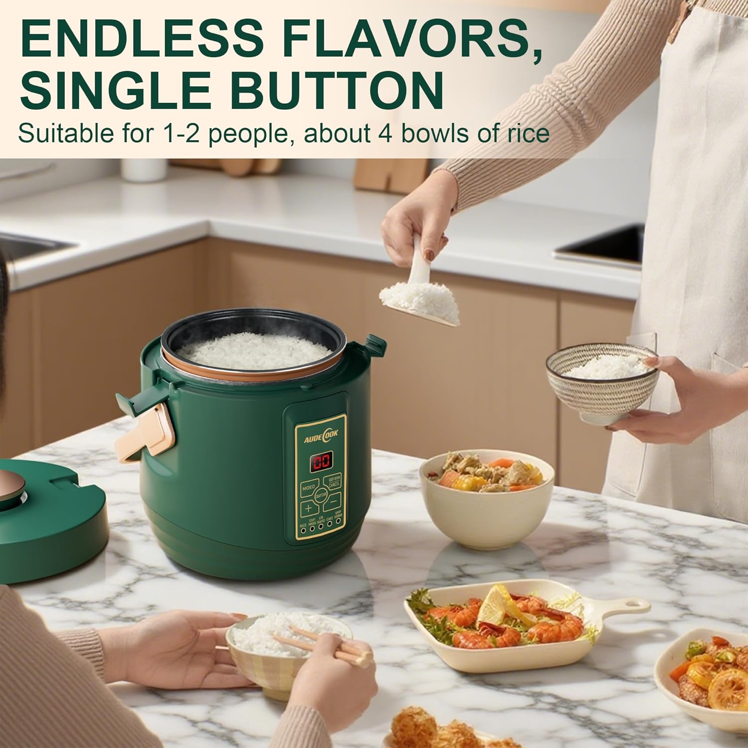 Audecook Mini Rice Cooker, 1.2L Small Rice Cooker Non-Stick 2 Cups Uncooked with Stainless Steel Steamer, Travel Multicooker with Low Carb Function, 24 Timer Delay and Auto Keep Warm（Green）